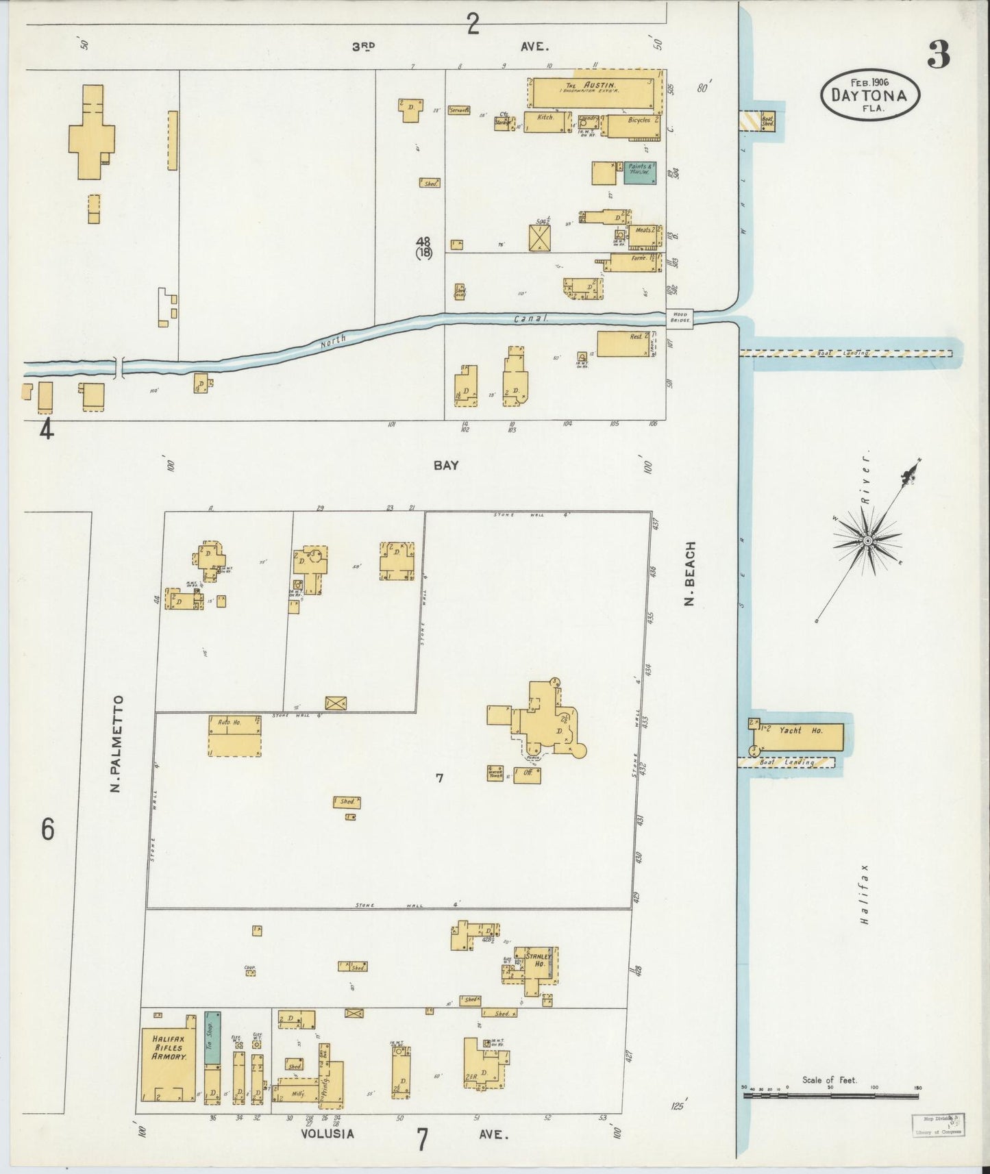 Sanborn Fire Insurance Map from Daytona, Volusia County, Florida (1906), Sheet #0003 - Complete Map Set gallery image, historic Sanborn map, vintage wall art, Florida Florida