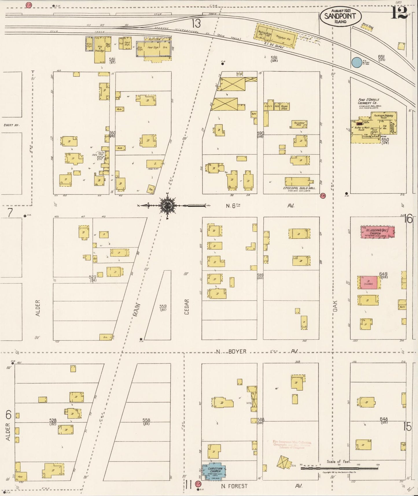 Sanborn Fire Insurance Map from Sandpoint, Bonner County, Idaho (1921), Sheet #0012 - Complete Map Set gallery image, historic Sanborn map, vintage wall art, Idaho Idaho