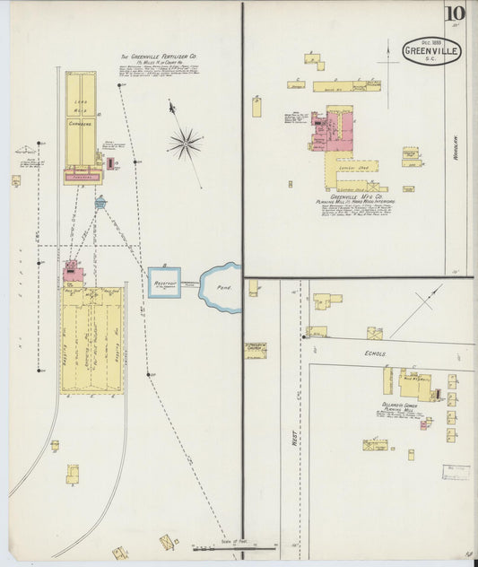 Sanborn Fire Insurance Map from Greenville, Greenville County, South Carolina (1893), Sheet #0010 - Historic Sanborn Fire Insurance Map Print, vintage old map wall art, antique decor, genealogy gift, South Carolina South Carolina map