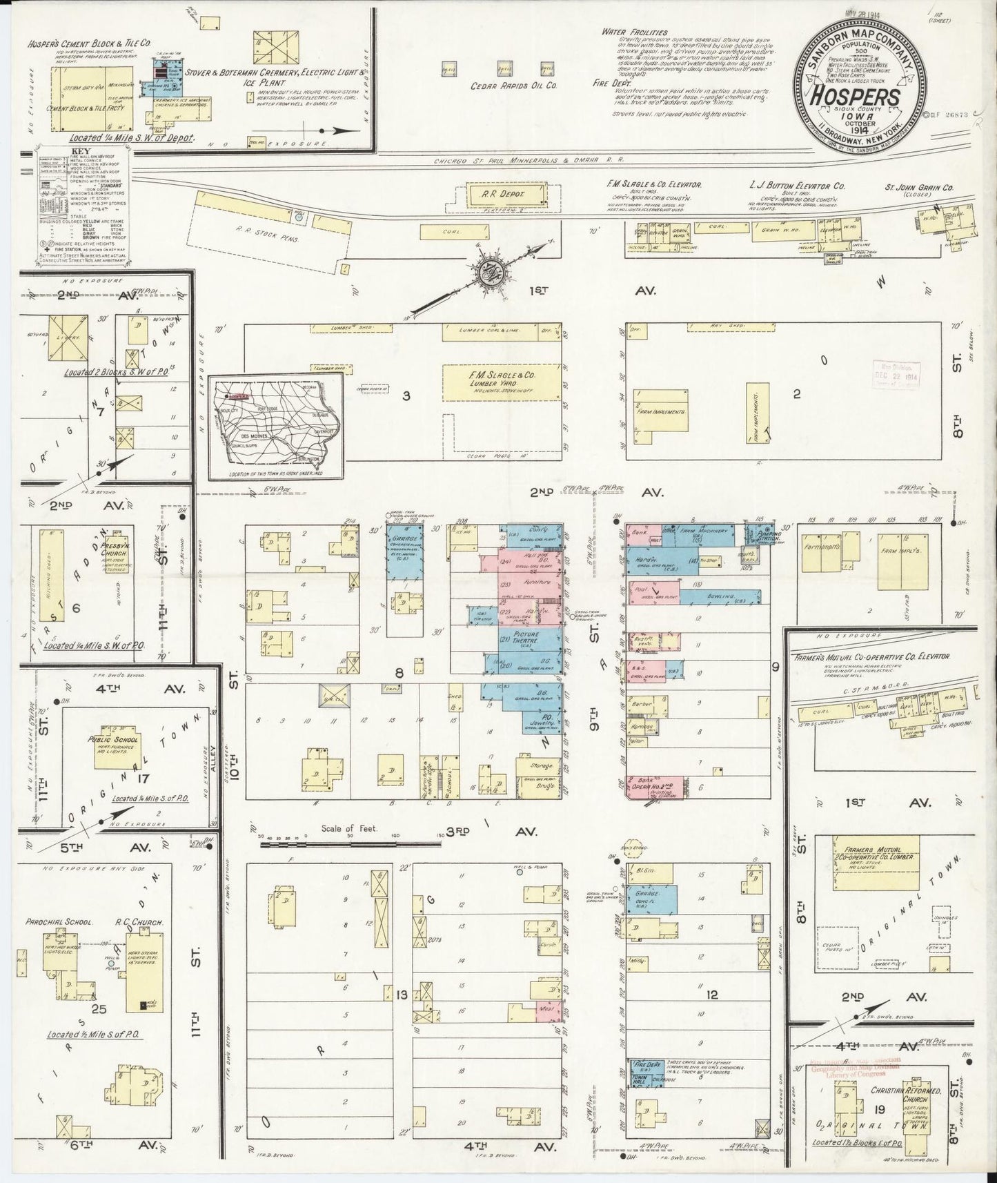 Sanborn Fire Insurance Map from Hospers, Sioux County, Iowa (1914), Sheet #0001 - Historic Sanborn Fire Insurance Map Print, vintage old map wall art
