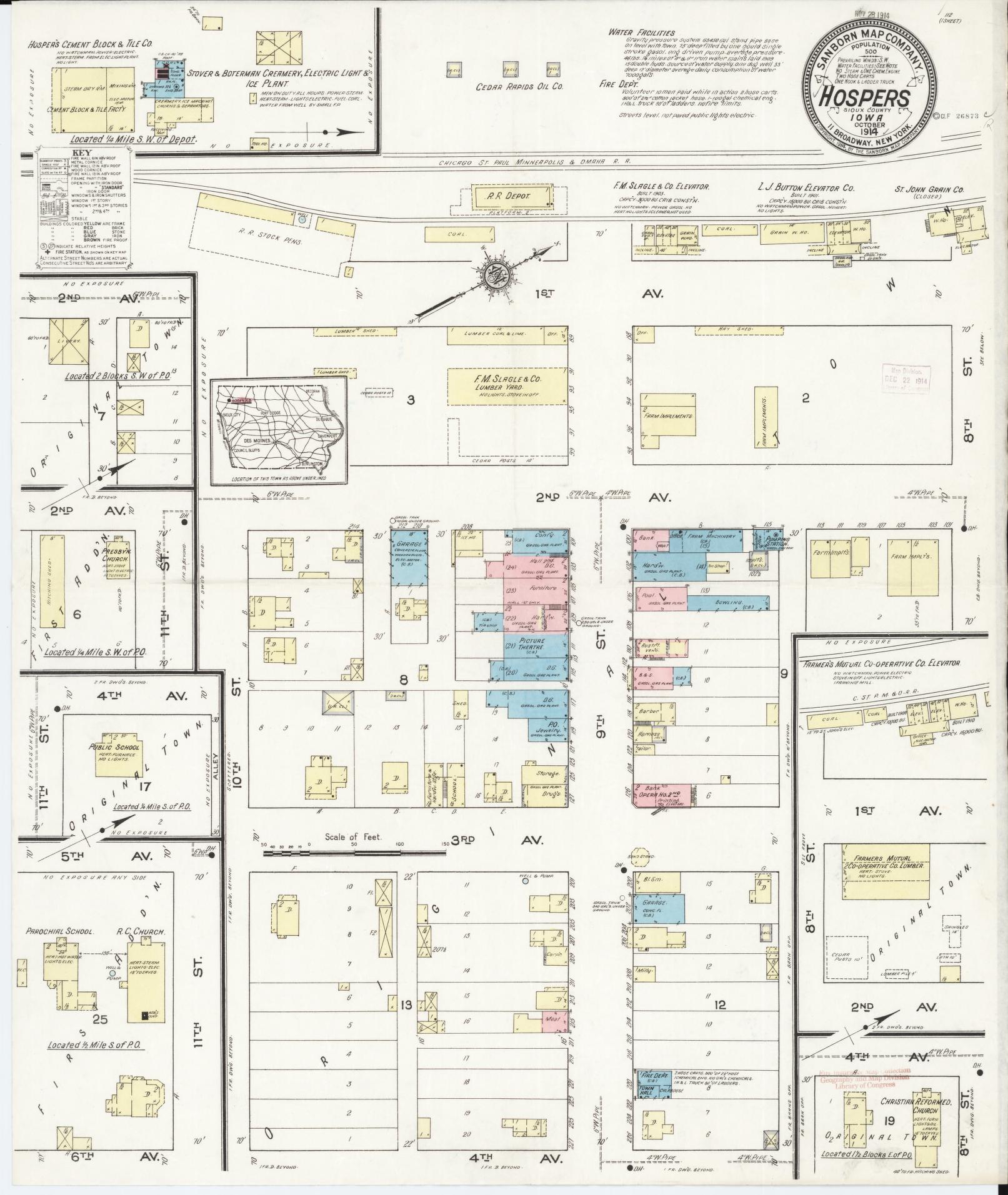 Sanborn Fire Insurance Map from Hospers, Sioux County, Iowa (1914), Sheet #0001 - Historic Sanborn Fire Insurance Map Print, vintage old map wall art
