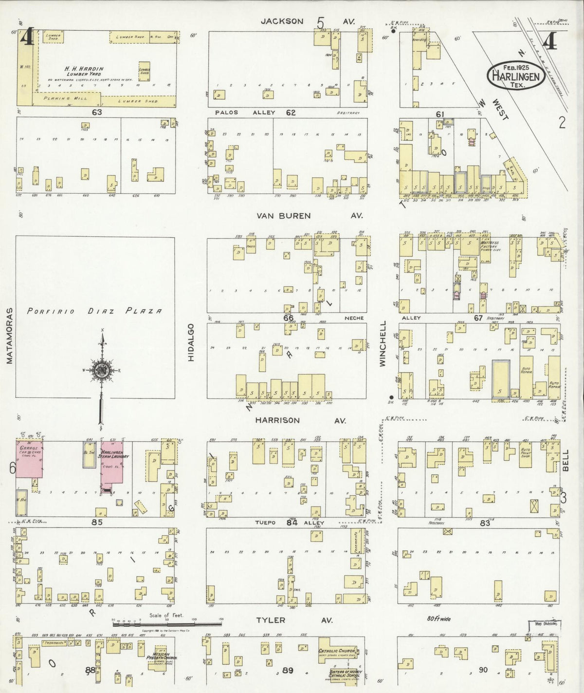 Sanborn Fire Insurance Map from Harlingen, Cameron County, Texas (1925), Sheet #0004 - Historic Sanborn Fire Insurance Map Print, vintage old map wall art, antique decor, genealogy gift, Texas Texas map