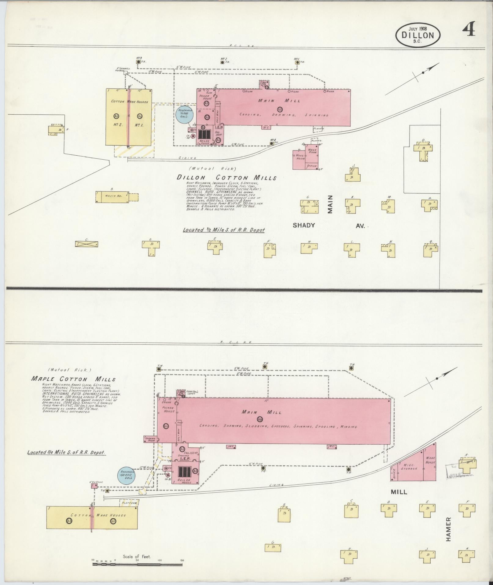 Sanborn Fire Insurance Map from Dillon, Dillon County, South Carolina (1908), Sheet #0004 - Complete Map Set gallery image, historic Sanborn map, vintage wall art, South Carolina South Carolina