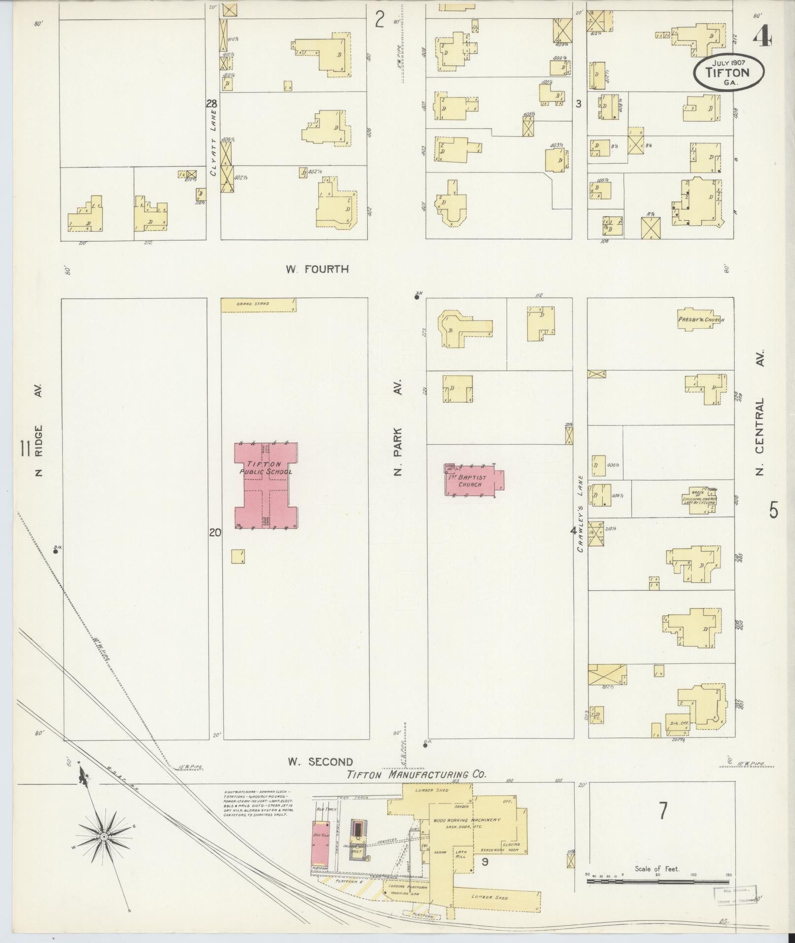 Sanborn Fire Insurance Map from Tifton, Tift County, Georgia (1907), Sheet #0004 - Historic Sanborn Fire Insurance Map Print, vintage old map wall art, antique decor, genealogy gift, Georgia Georgia map