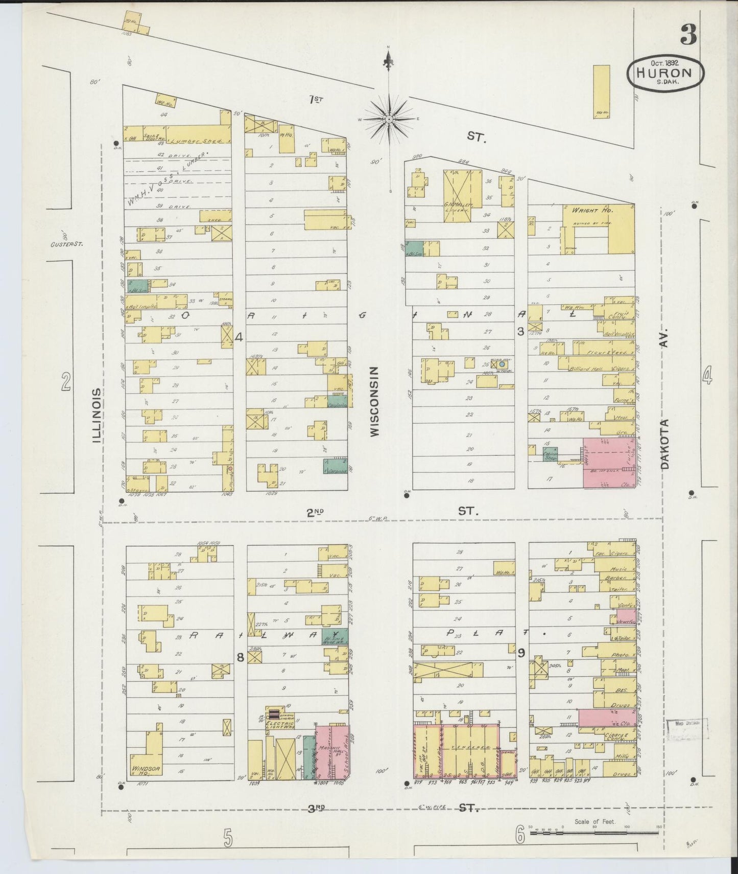 Sanborn Fire Insurance Map from Huron, Beadle County, South Dakota (1892), Sheet #0003 - Complete Map Set gallery image, historic Sanborn map, vintage wall art, South Dakota South Dakota