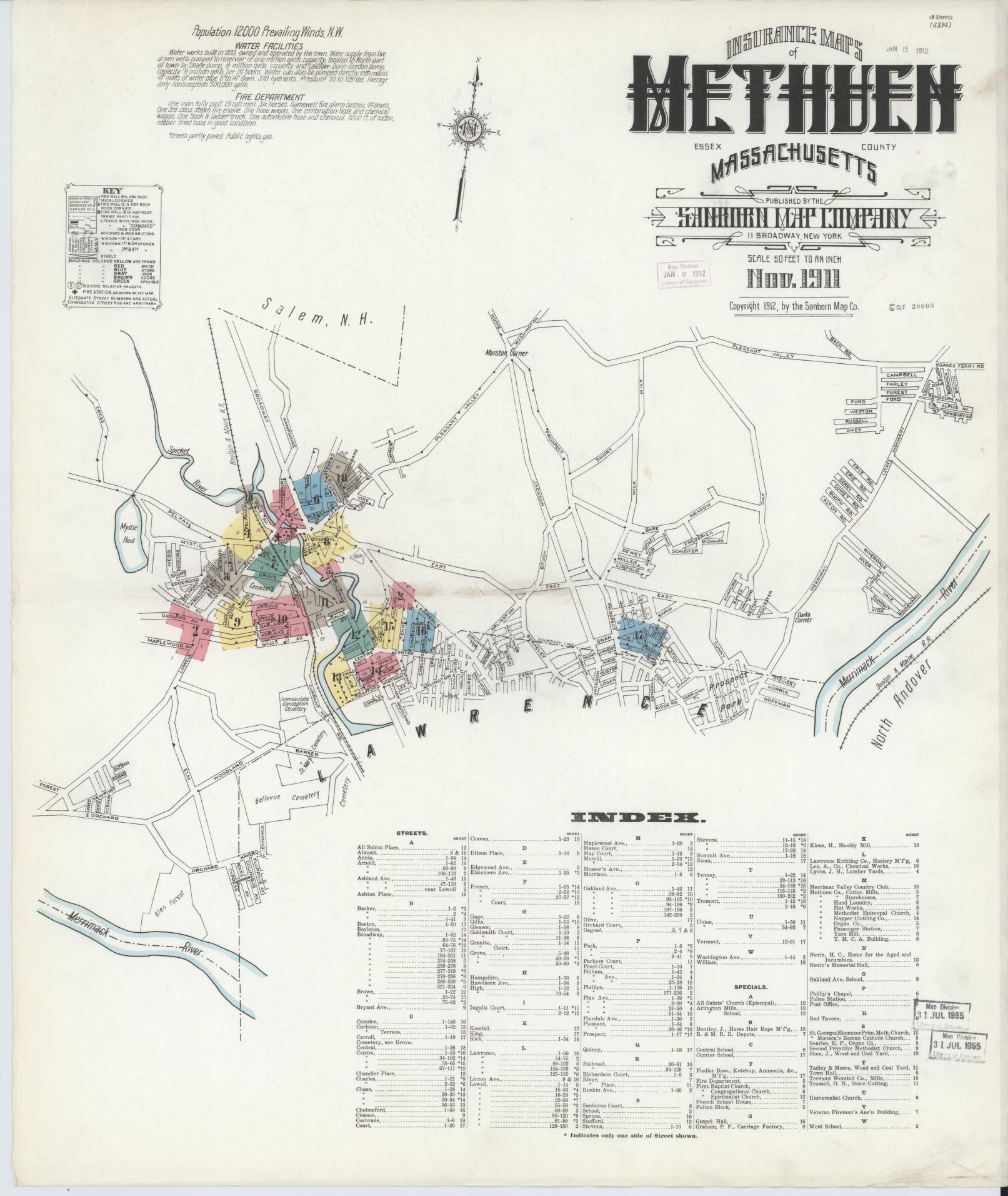 Sanborn Fire Insurance Map from Methuen, Essex County, Massachusetts (1911), Sheet #0001 - Complete Map Set gallery image, historic Sanborn map, vintage wall art, Massachusetts Massachusetts