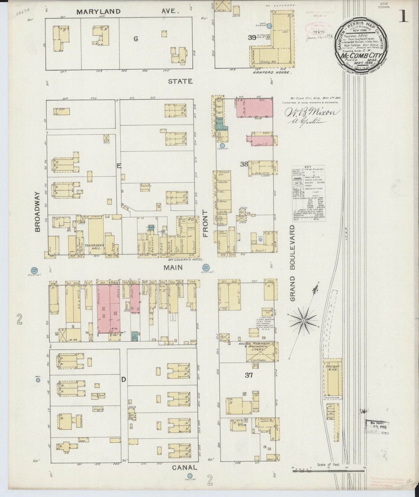 Sanborn Fire Insurance Map from McComb, Pike County, Mississippi (1893), Sheet #0001 - Historic Sanborn Fire Insurance Map Print, vintage old map wall art, antique decor, genealogy gift, Mississippi Mississippi map