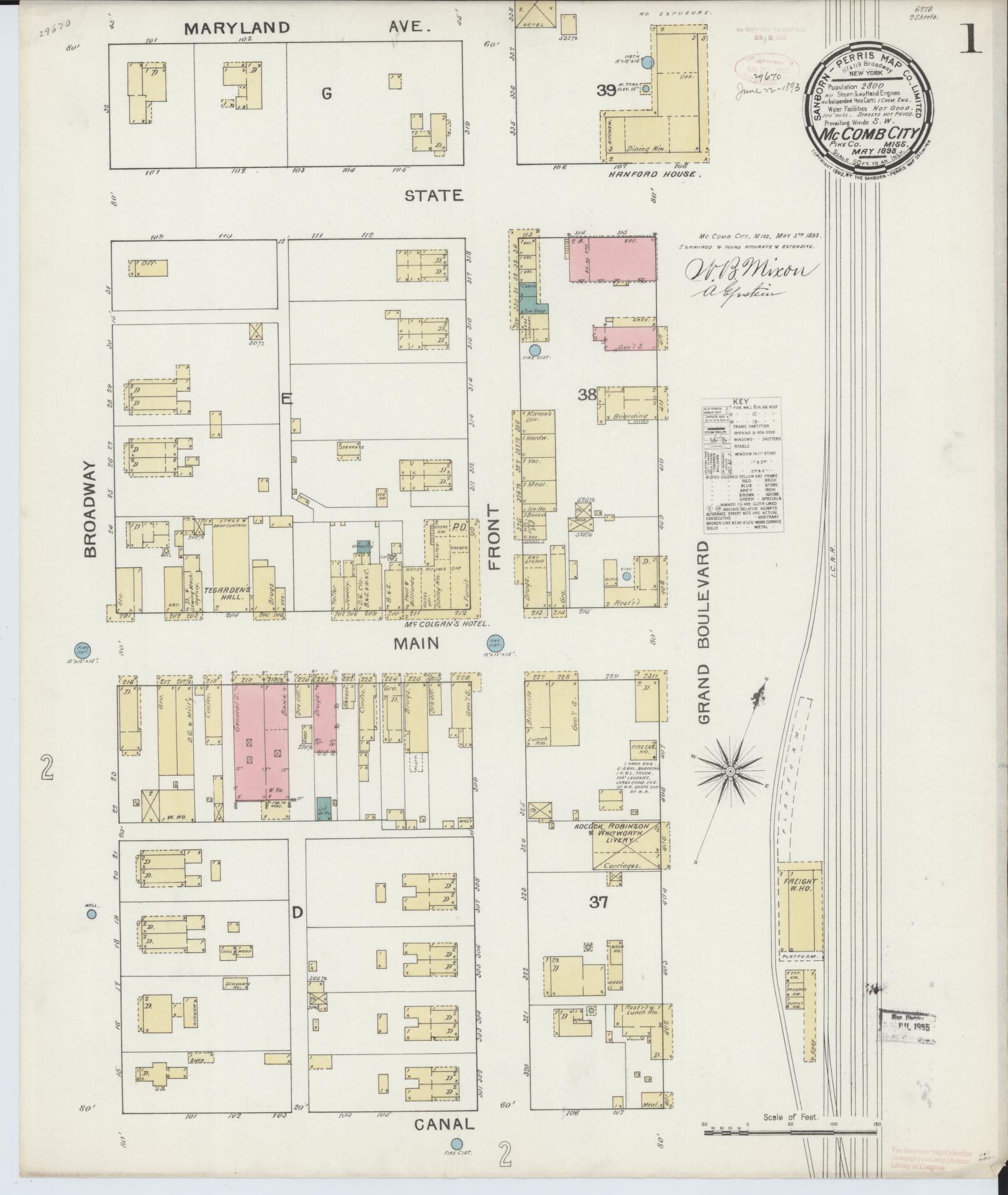 Sanborn Fire Insurance Map from McComb, Pike County, Mississippi (1893), Sheet #0001 - Historic Sanborn Fire Insurance Map Print, vintage old map wall art, antique decor, genealogy gift, Mississippi Mississippi map