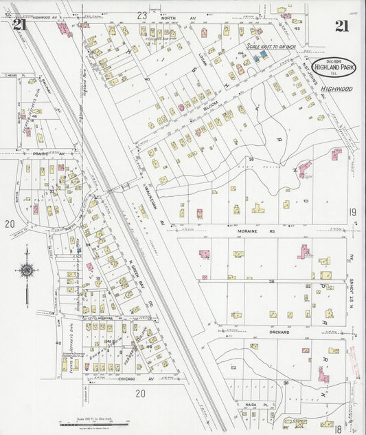 Sanborn Fire Insurance Map from Highland Park, Lake County, Illinois (1924), Sheet #0021 - Historic Sanborn Fire Insurance Map Print, vintage old map wall art, antique decor, genealogy gift, Illinois Illinois map