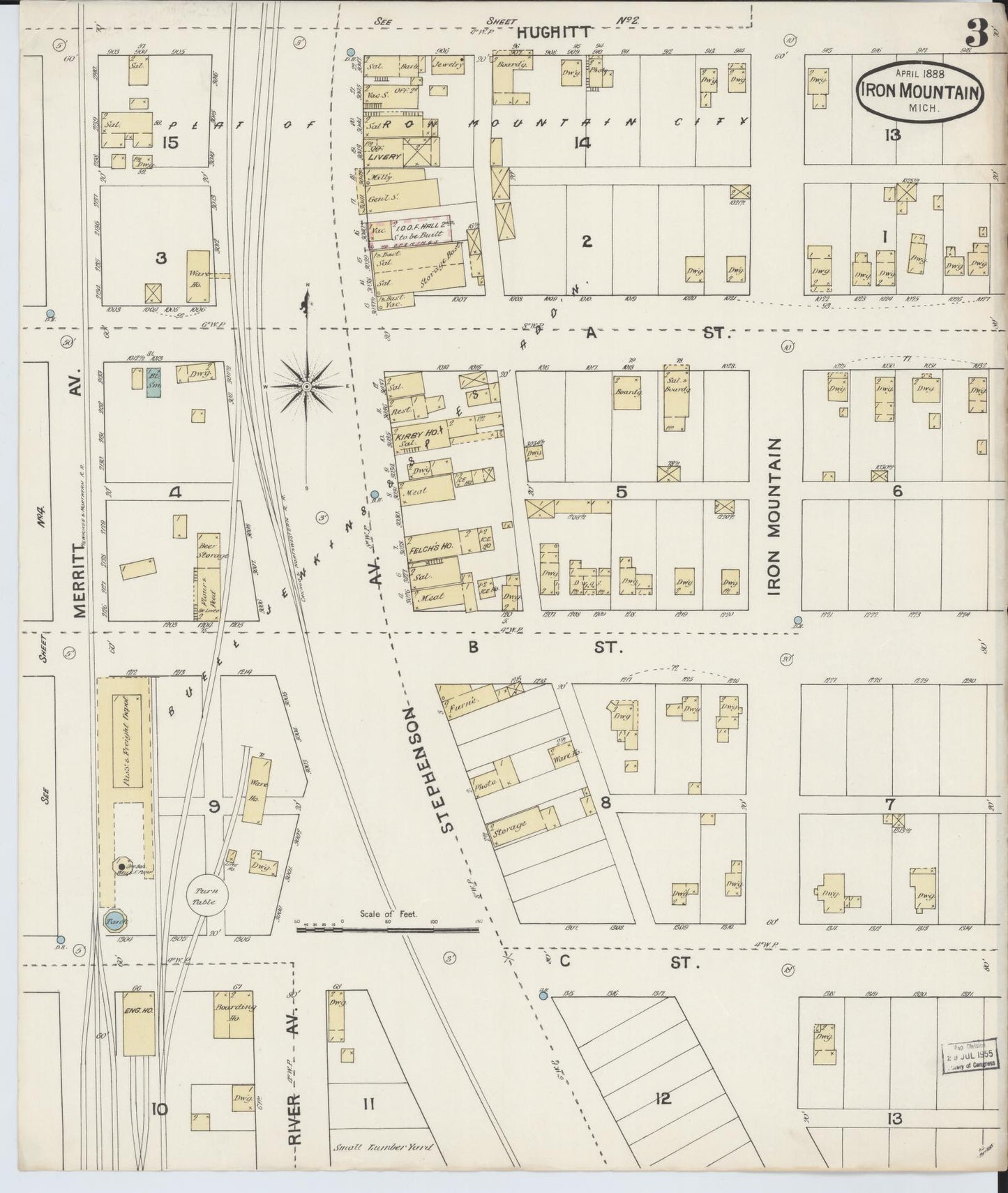 Sanborn Fire Insurance Map from Iron Mountain, Dickinson County, Michigan (1888), Sheet #0003 - Complete Map Set gallery image, historic Sanborn map, vintage wall art, Michigan Michigan