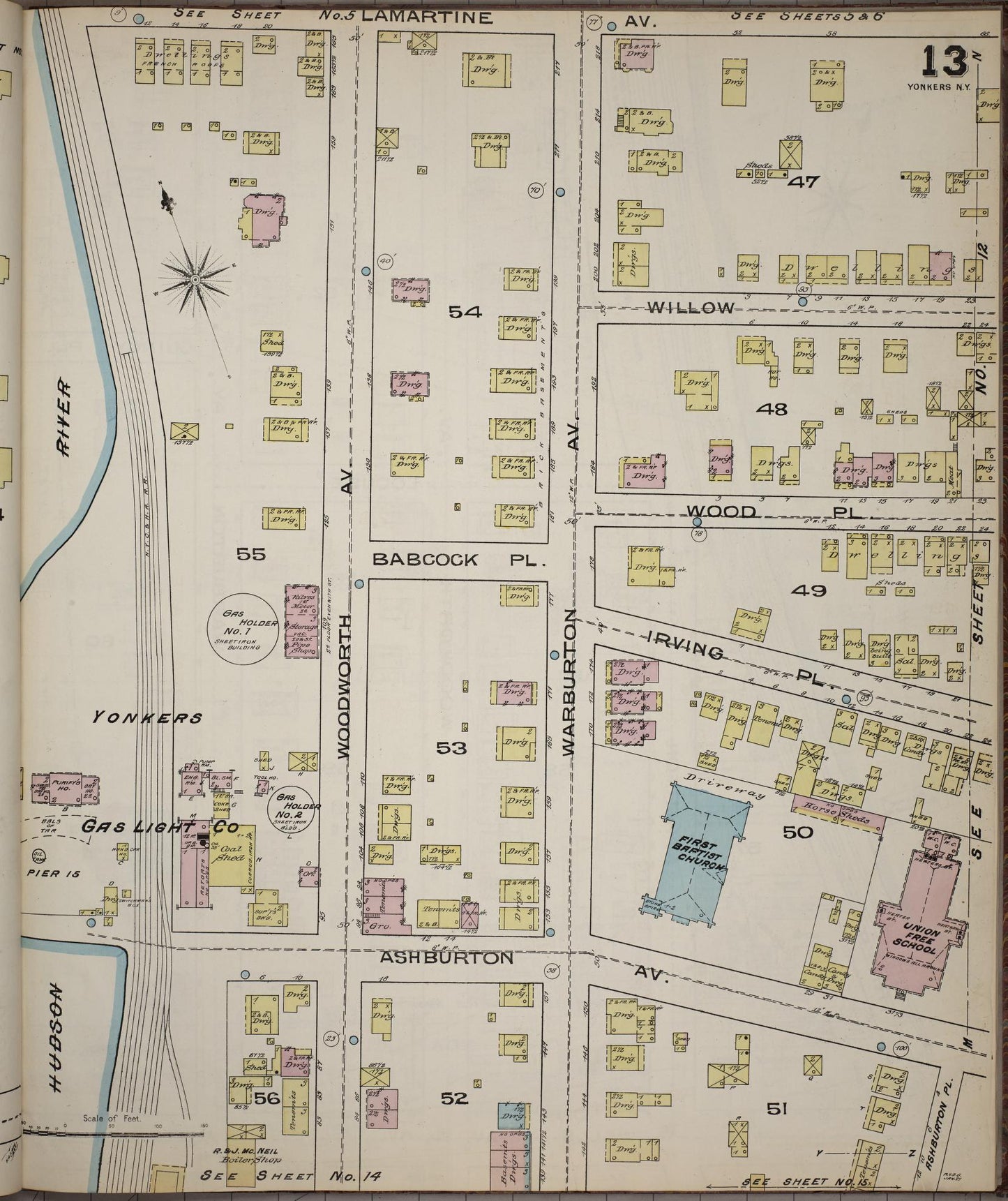 Sanborn Fire Insurance Map from Yonkers, Westchester County, New York (1886), Sheet #0013 - Historic Sanborn Fire Insurance Map Print, vintage old map wall art, antique decor, genealogy gift, New York New York map