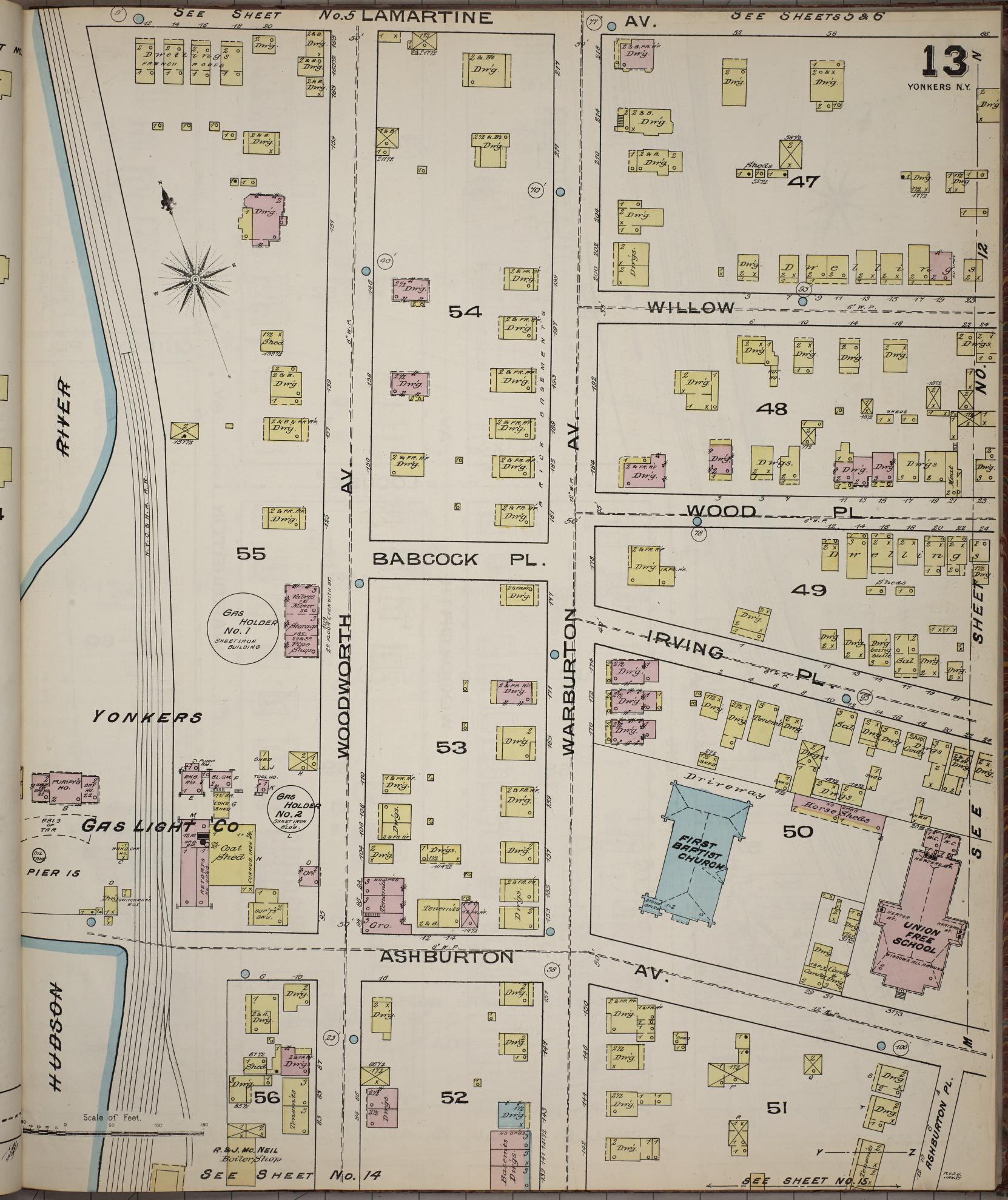 Sanborn Fire Insurance Map from Yonkers, Westchester County, New York (1886), Sheet #0013 - Historic Sanborn Fire Insurance Map Print, vintage old map wall art, antique decor, genealogy gift, New York New York map