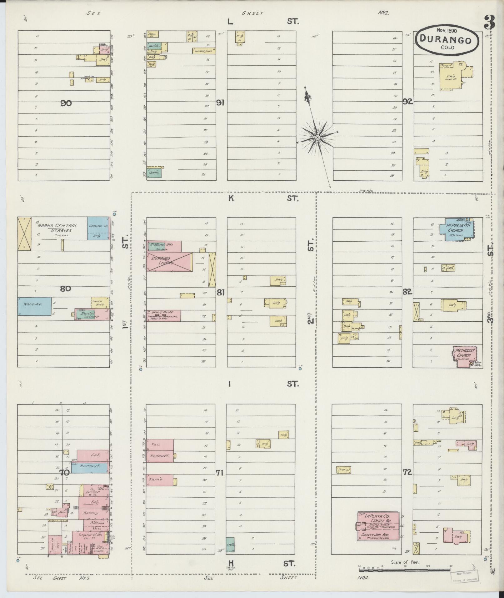 Sanborn Fire Insurance Map from Durango, La Plata County, Colorado (1890), Sheet #0003 - Historic Sanborn Fire Insurance Map Print, vintage old map wall art, antique decor, genealogy gift, Colorado Colorado map