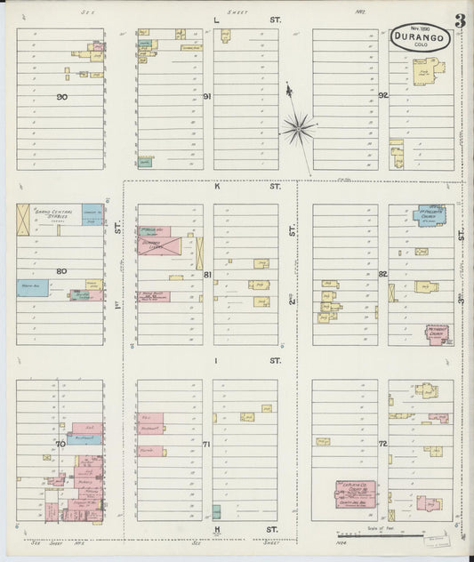 Sanborn Fire Insurance Map from Durango, La Plata County, Colorado (1890), Sheet #0003 - Historic Sanborn Fire Insurance Map Print, vintage old map wall art, antique decor, genealogy gift, Colorado Colorado map