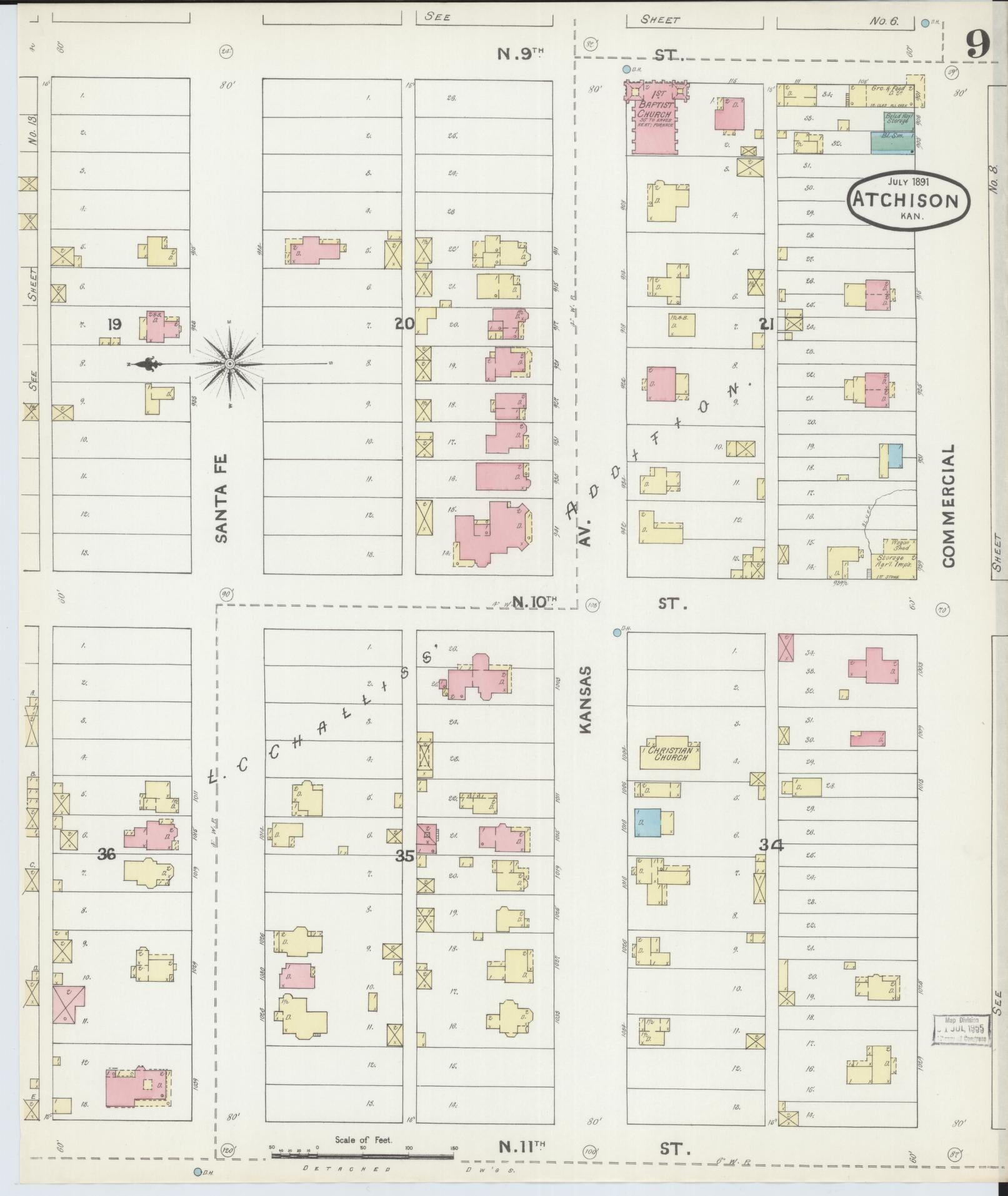Sanborn Fire Insurance Map from Atchison, Atchison County, Kansas (1891), Sheet #0009 - Historic Sanborn Fire Insurance Map Print, vintage old map wall art, antique decor, genealogy gift, Kansas Kansas map
