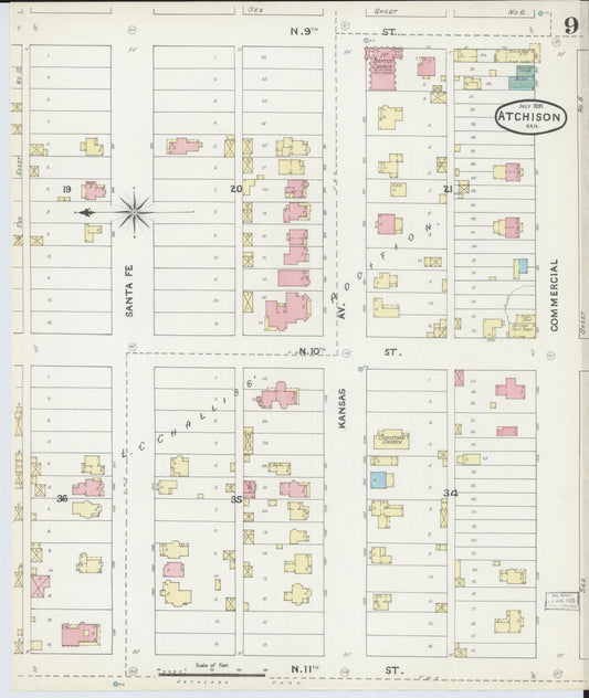 Sanborn Fire Insurance Map from Atchison, Atchison County, Kansas (1891), Sheet #0009 - Historic Sanborn Fire Insurance Map Print, vintage old map wall art, antique decor, genealogy gift, Kansas Kansas map