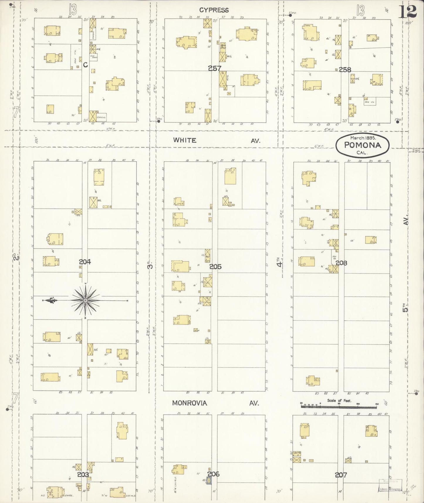 Sanborn Fire Insurance Map from Pomona, Los Angeles County, California (1895), Sheet #0012 - Complete Map Set gallery image, historic Sanborn map, vintage wall art, California California