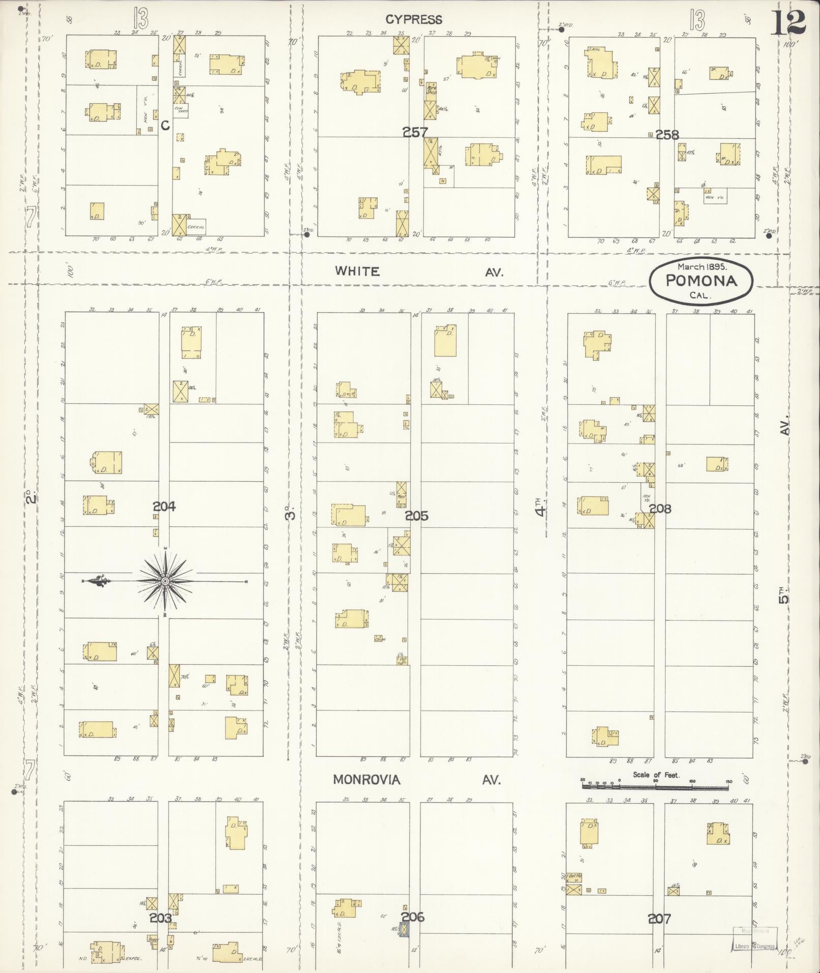Sanborn Fire Insurance Map from Pomona, Los Angeles County, California (1895), Sheet #0012 - Complete Map Set gallery image, historic Sanborn map, vintage wall art, California California