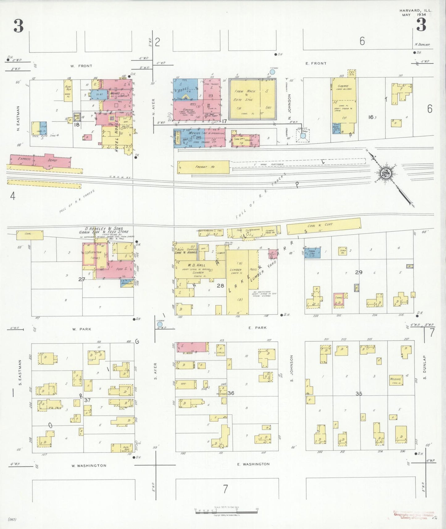 Sanborn Fire Insurance Map from Harvard, McHenry County, Illinois (1934), Sheet #0003 - Historic Sanborn Fire Insurance Map Print, vintage old map wall art, antique decor, genealogy gift, Illinois Illinois map