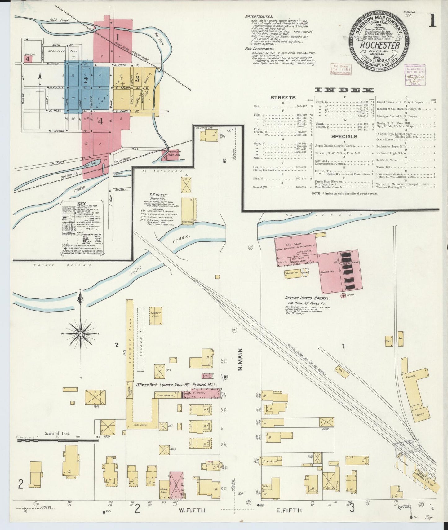 Sanborn Fire Insurance Map from Rochester, Oakland County, Michigan (1908), Sheet #0001 - Complete Map Set gallery image, historic Sanborn map, vintage wall art, Michigan Michigan