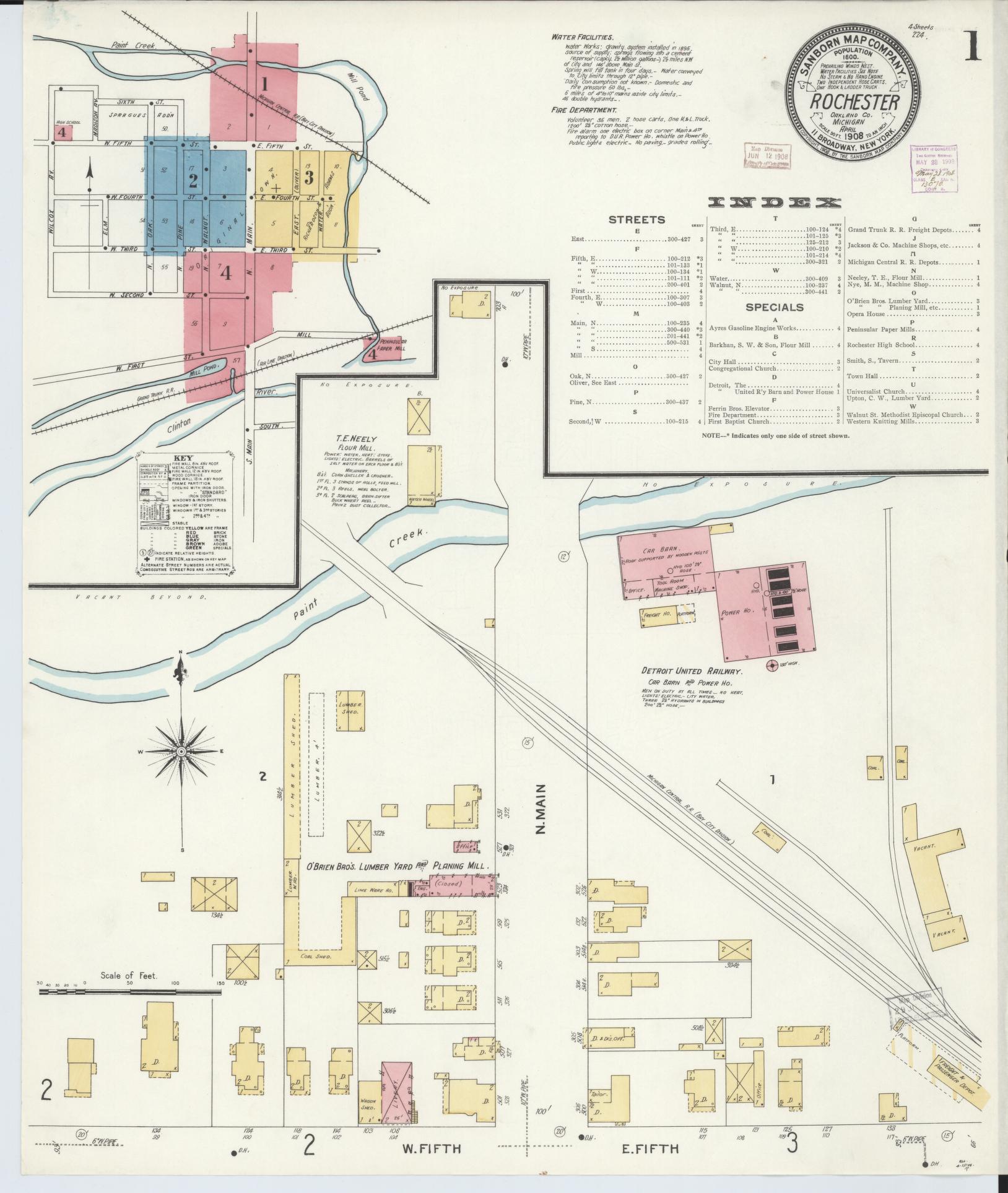 Sanborn Fire Insurance Map from Rochester, Oakland County, Michigan (1908), Sheet #0001 - Complete Map Set gallery image, historic Sanborn map, vintage wall art, Michigan Michigan