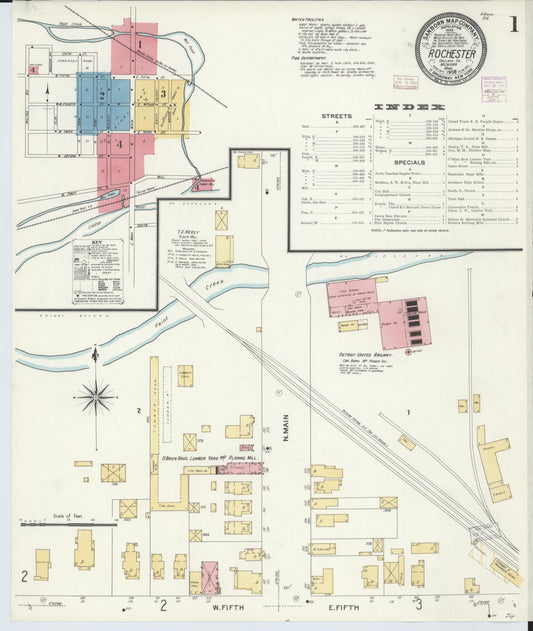 Sanborn Fire Insurance Map from Rochester, Oakland County, Michigan (1908), Sheet #0001 - Complete Map Set gallery image, historic Sanborn map, vintage wall art, Michigan Michigan
