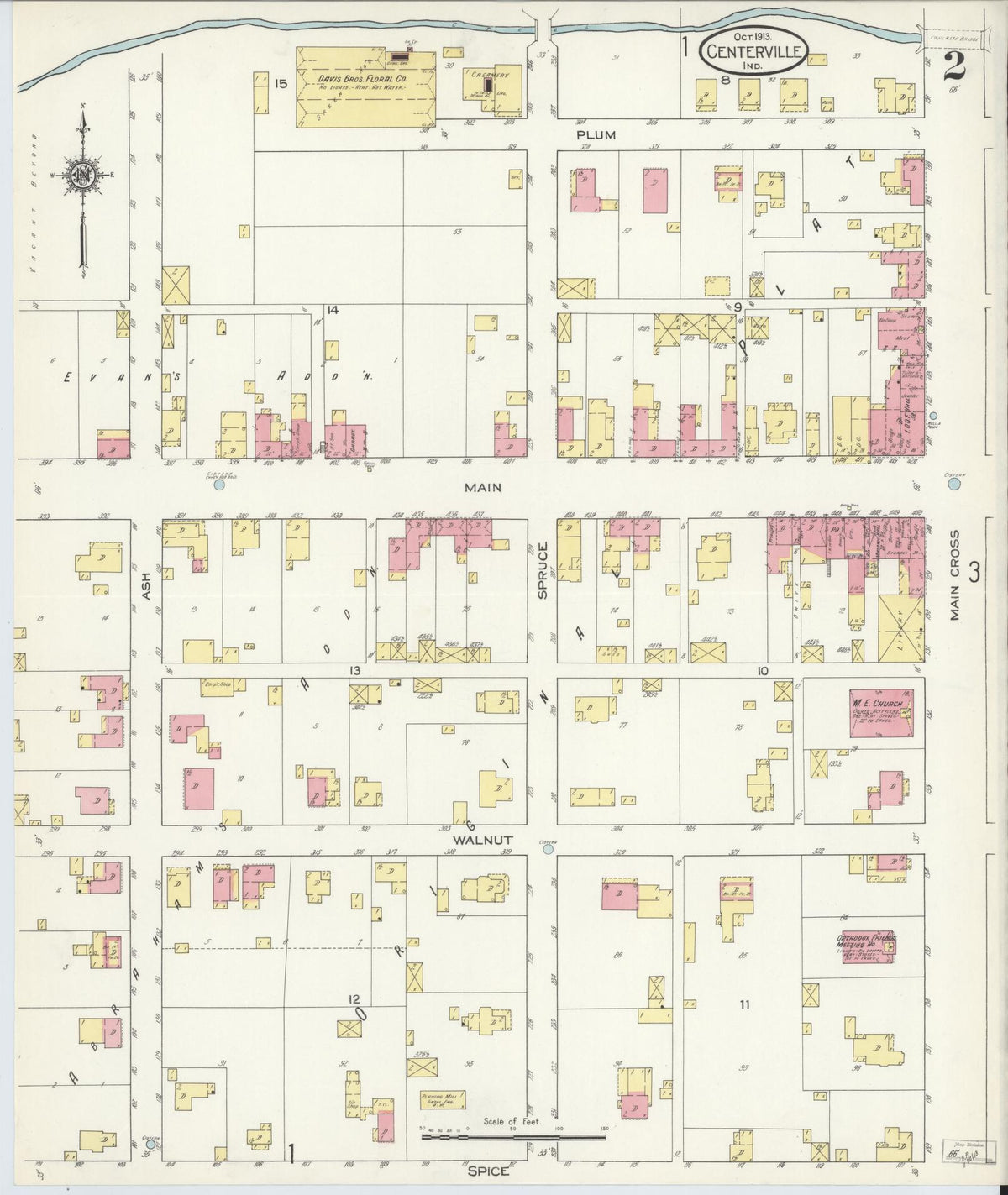Sanborn Fire Insurance Map from Centerville, Wayne County, Indiana (1913), Sheet #0002 - Historic Sanborn Fire Insurance Map Print, vintage old map wall art, antique decor, genealogy gift, Indiana Indiana map