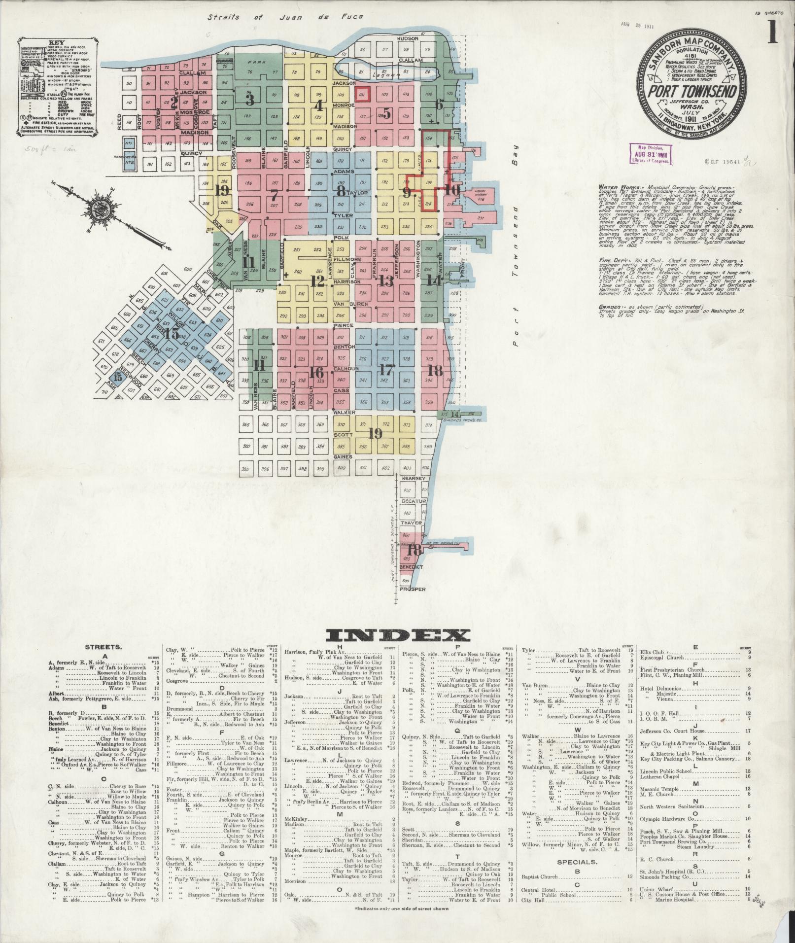 Sanborn Fire Insurance Map from Port Townsend, Jefferson County, Washington (1911), Sheet #0001 - Complete Map Set gallery image, historic Sanborn map, vintage wall art, Washington Washington