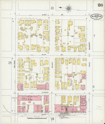 Sanborn Fire Insurance Map from Wilmington, New Hanover County, North Carolina (1904), Sheet #0026 - Historic Sanborn Fire Insurance Map Print, vintage old map wall art, antique decor, genealogy gift, North Carolina North Carolina map