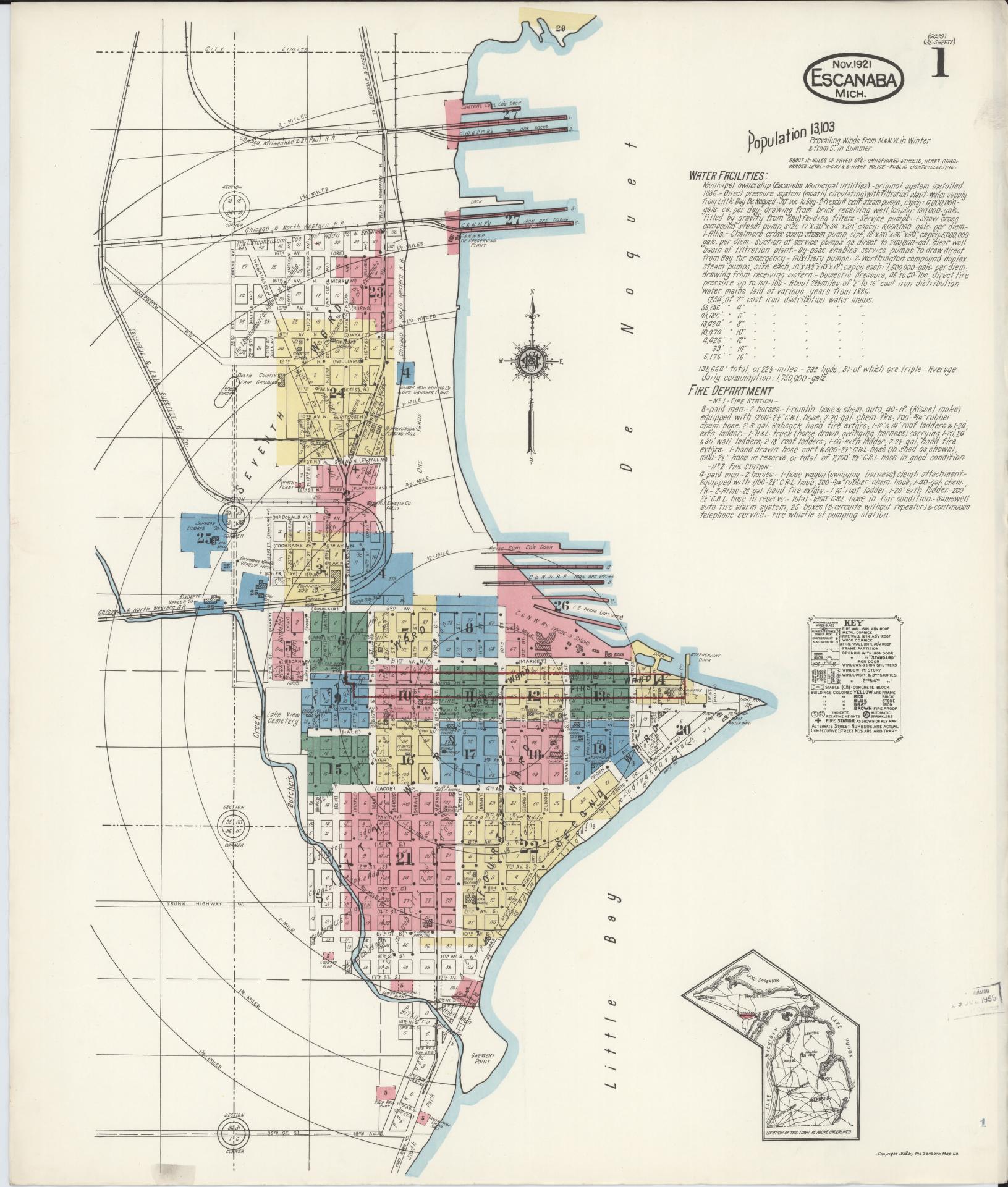 Sanborn Fire Insurance Map from Escanaba, Delta County, Michigan (1921), Sheet #0001 - Complete Map Set gallery image, historic Sanborn map, vintage wall art, Michigan Michigan