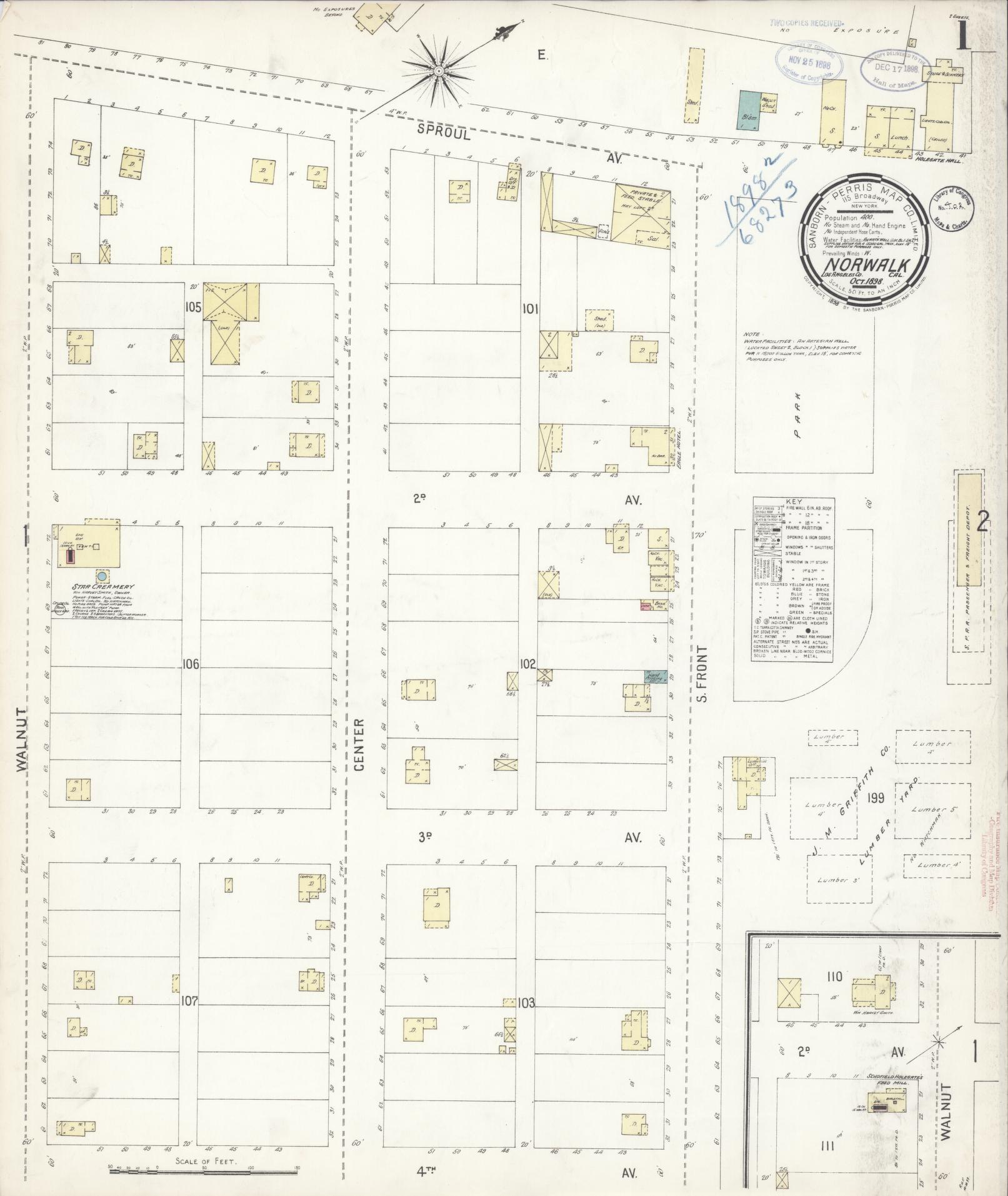 Sanborn Fire Insurance Map from Norwalk, Los Angeles County, California (1898), Sheet #0001 - Complete Map Set gallery image, historic Sanborn map, vintage wall art, California California
