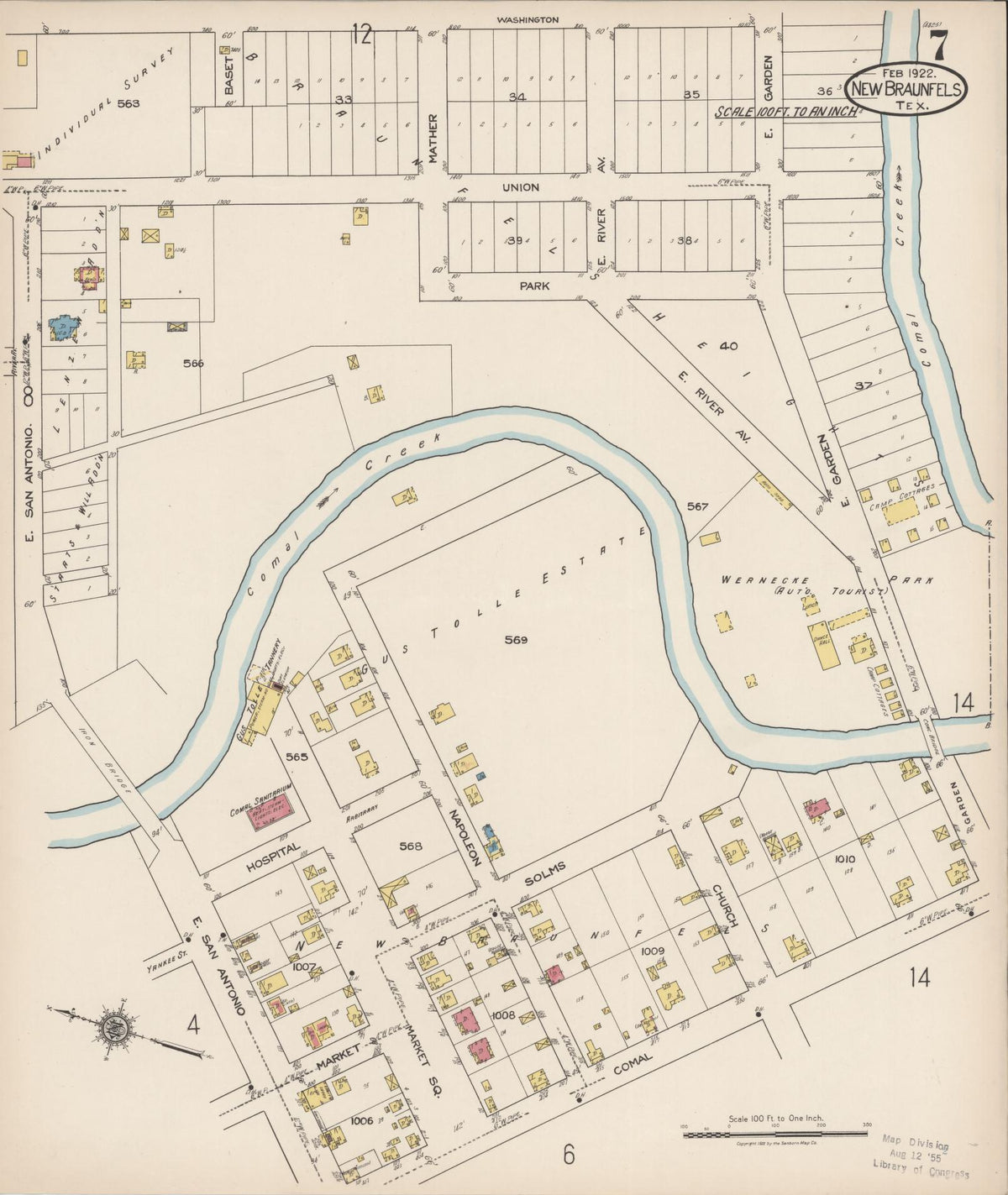 Sanborn Fire Insurance Map from New Braunfels, Comal County, Texas (1922), Sheet #0007 - Complete Map Set gallery image, historic Sanborn map, vintage wall art, Texas Texas