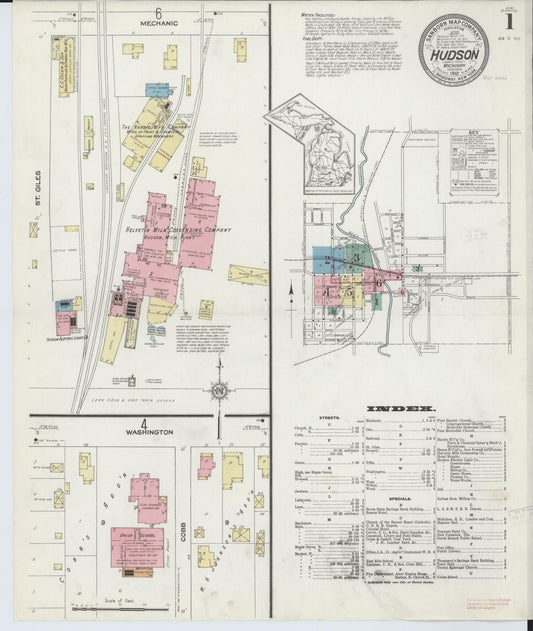 Sanborn Fire Insurance Map from Hudson, Lenawee County, Michigan (1912), Sheet #0001 - Historic Sanborn Fire Insurance Map Print, vintage old map wall art, antique decor, genealogy gift, Michigan Michigan map