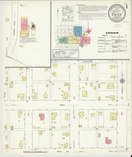 Sanborn Fire Insurance Map from Obion, Obion County, Tennessee (1913), Sheet #0001 - Complete Map Set gallery image, historic Sanborn map, vintage wall art, Tennessee Tennessee