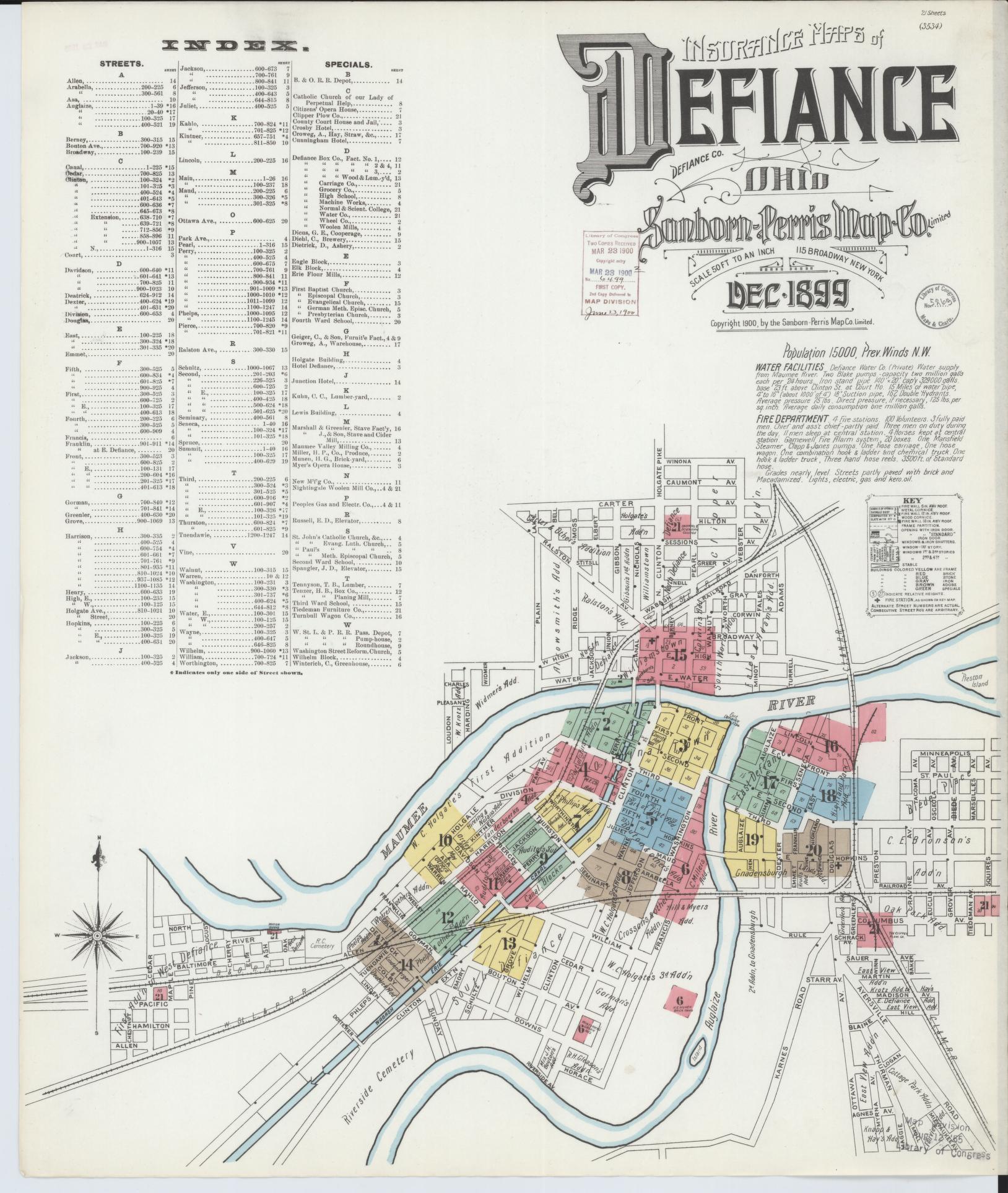 Sanborn Fire Insurance Map from Defiance, Defiance County, Ohio (1899), Sheet #0001 - Historic Sanborn Fire Insurance Map Print, vintage old map wall art, antique decor, genealogy gift, Ohio Ohio map