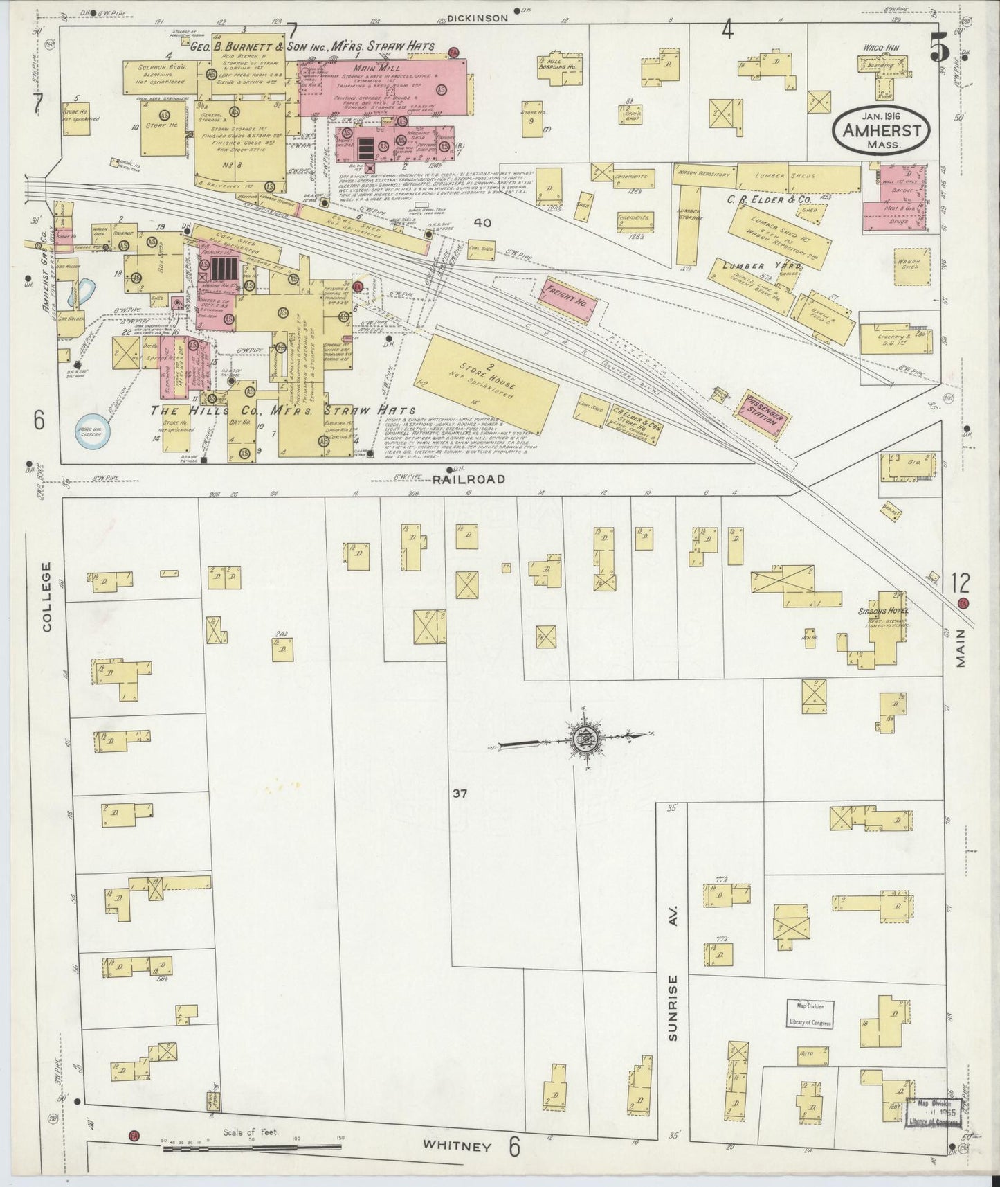 Sanborn Fire Insurance Map from Amherst, Hampshire County, Massachusetts (1916), Sheet #0005 - Historic Sanborn Fire Insurance Map Print, vintage old map wall art, antique decor, genealogy gift, Massachusetts Massachusetts map