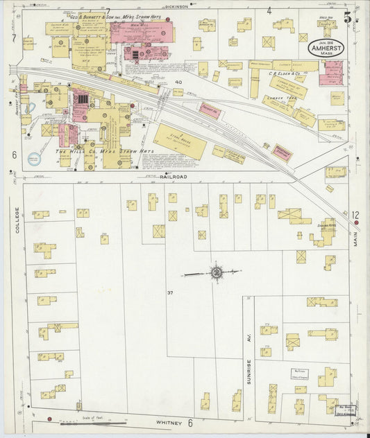 Sanborn Fire Insurance Map from Amherst, Hampshire County, Massachusetts (1916), Sheet #0005 - Historic Sanborn Fire Insurance Map Print, vintage old map wall art, antique decor, genealogy gift, Massachusetts Massachusetts map