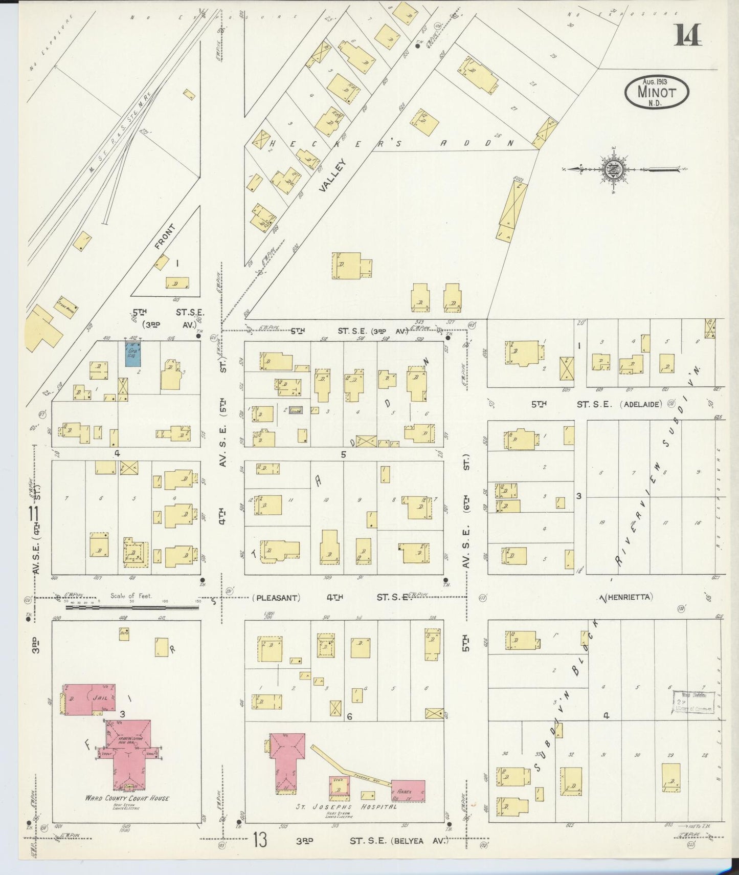 Sanborn Fire Insurance Map from Minot, Ward County, North Dakota (1913), Sheet #0014 - Complete Map Set gallery image, historic Sanborn map, vintage wall art, North Dakota North Dakota