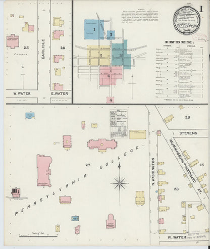 Sanborn Fire Insurance Map from Gettysburg, Adams County, Pennsylvania (1891), Sheet #0001 - Complete Map Set gallery image, historic Sanborn map, vintage wall art, Pennsylvania Pennsylvania