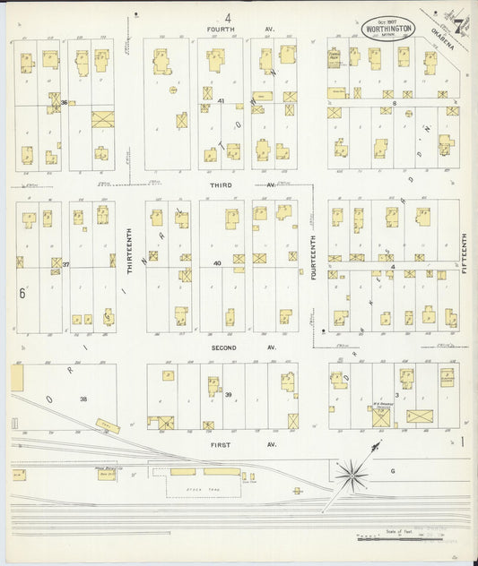 Sanborn Fire Insurance Map from Worthington, Nobles County, Minnesota (1907), Sheet #0007 - Historic Sanborn Fire Insurance Map Print, vintage old map wall art, antique decor, genealogy gift, Minnesota Minnesota map