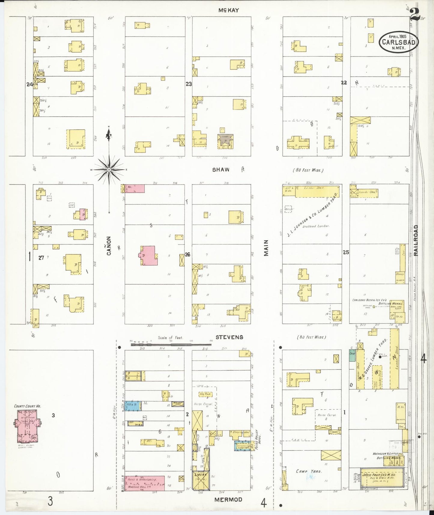 Sanborn Fire Insurance Map from Carlsbad, Eddy County, New Mexico (1905), Sheet #0002 - Historic Sanborn Fire Insurance Map Print, vintage old map wall art, antique decor, genealogy gift, New Mexico New Mexico map