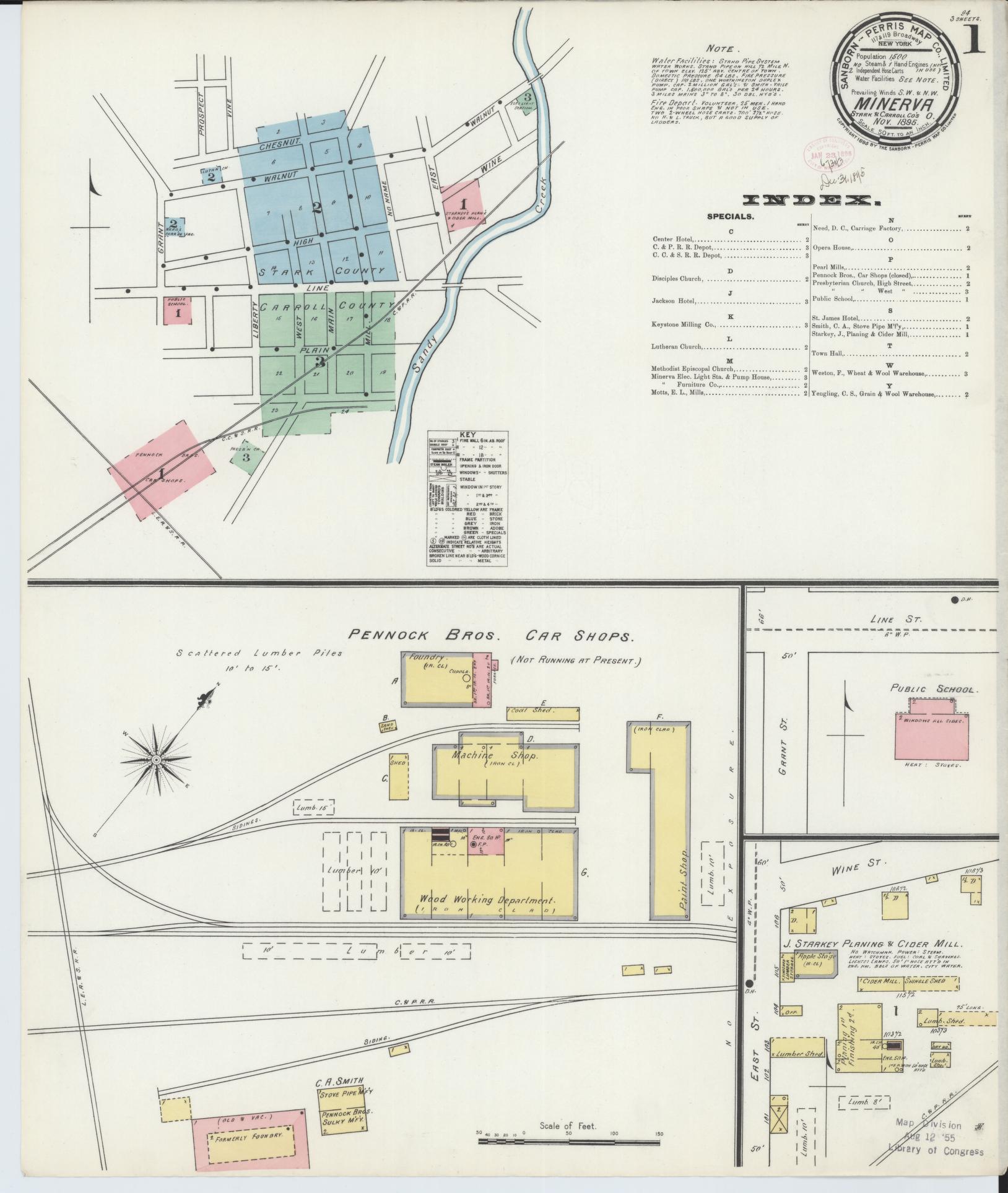 Sanborn Fire Insurance Map from Minerva, Stark And Carroll Counties, Ohio (1895), Sheet #0001 - Complete Map Set gallery image, historic Sanborn map, vintage wall art, Ohio Ohio