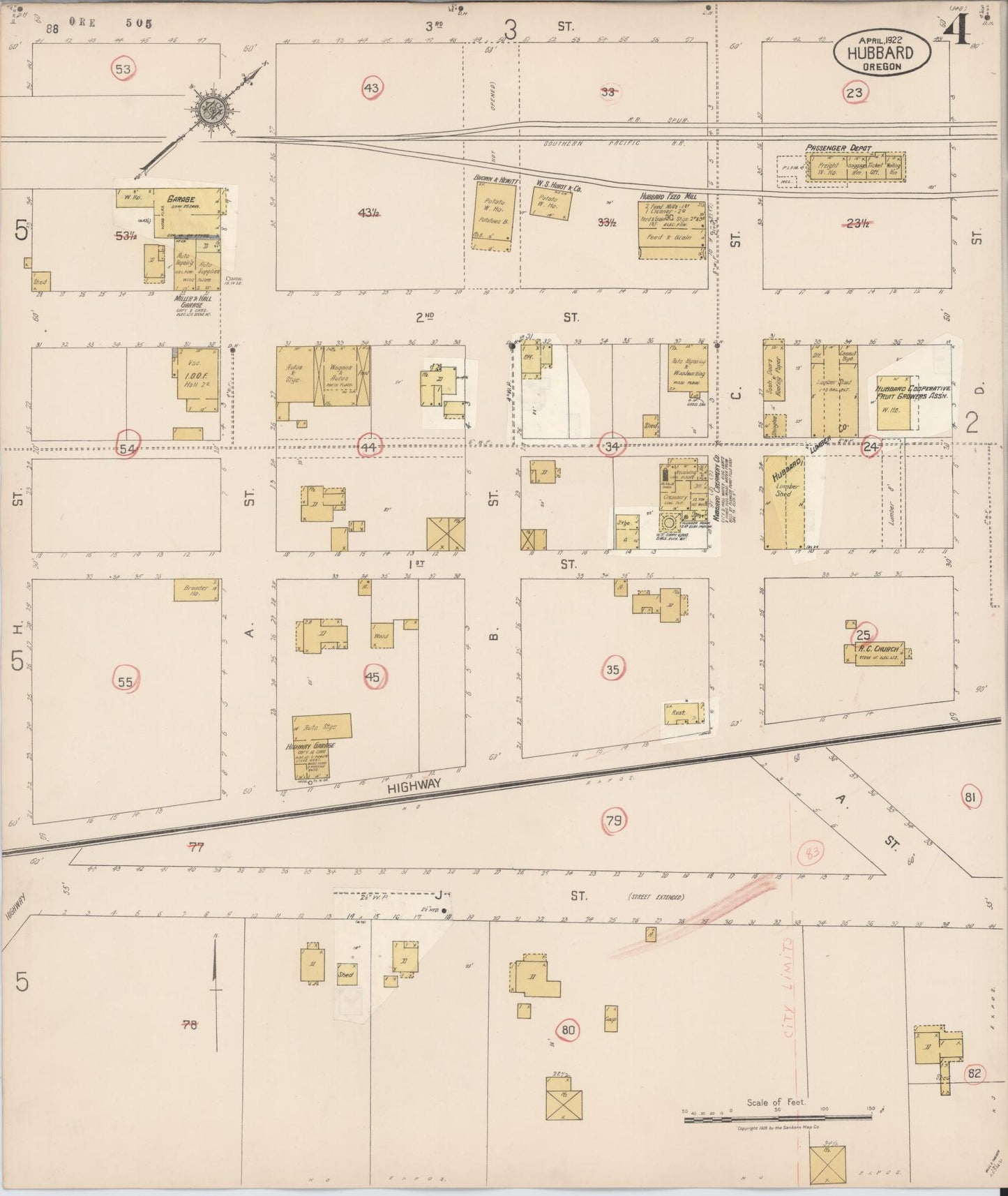 Sanborn Fire Insurance Map from Hubbard, Marion County, Oregon (1928), Sheet #0004 - Historic Sanborn Fire Insurance Map Print, vintage old map wall art, antique decor, genealogy gift, Oregon Oregon map