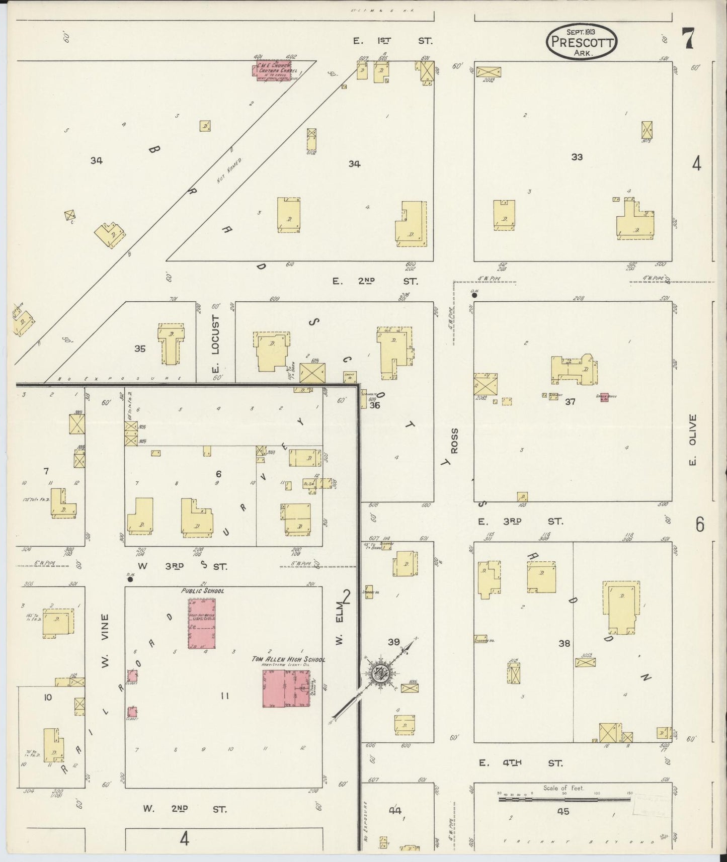 Sanborn Fire Insurance Map from Prescott, Nevada County, Arkansas (1913), Sheet #0007 - Complete Map Set gallery image, historic Sanborn map, vintage wall art, Prescott Nevada