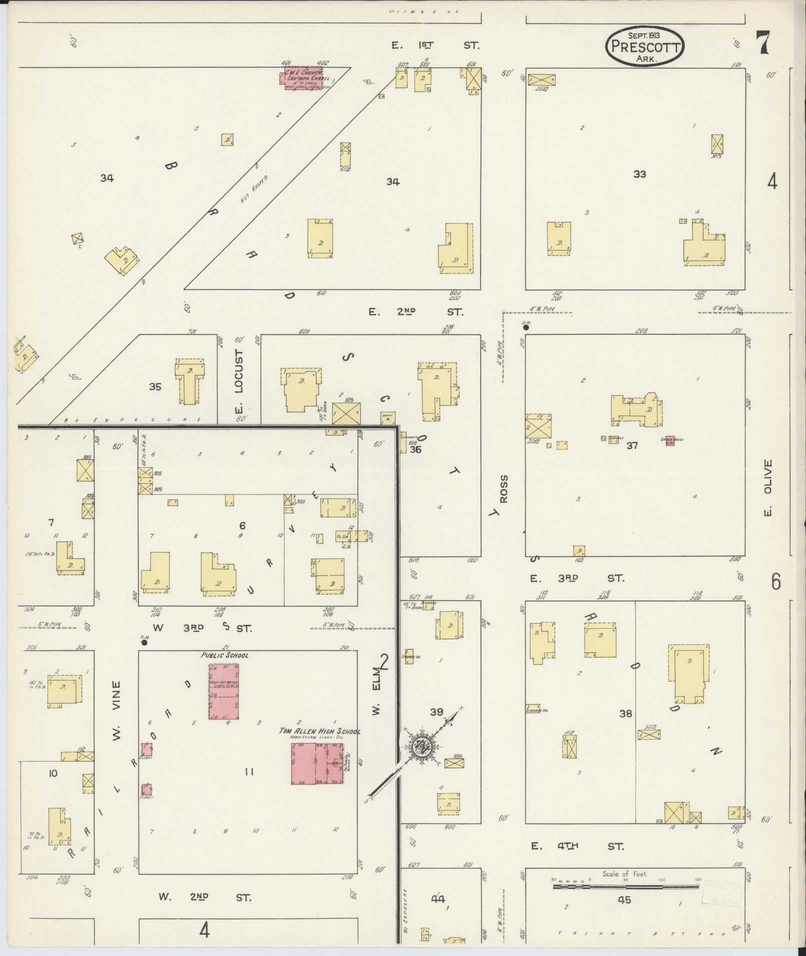 Sanborn Fire Insurance Map from Prescott, Nevada County, Arkansas (1913), Sheet #0007 - Complete Map Set gallery image, historic Sanborn map, vintage wall art, Prescott Nevada