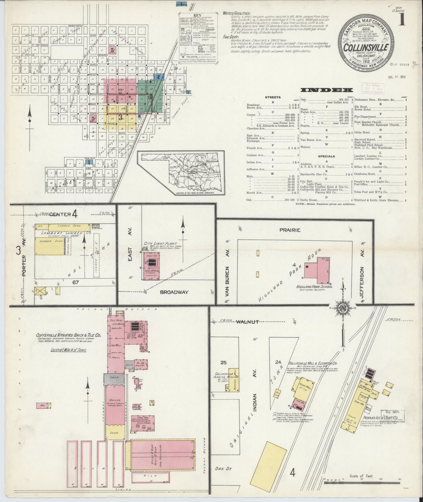 Sanborn Fire Insurance Map from Collinsville, Tulsa County, Oklahoma (1913), Sheet #0001 - Historic Sanborn Fire Insurance Map Print, vintage old map wall art, antique decor, genealogy gift, Oklahoma Oklahoma map