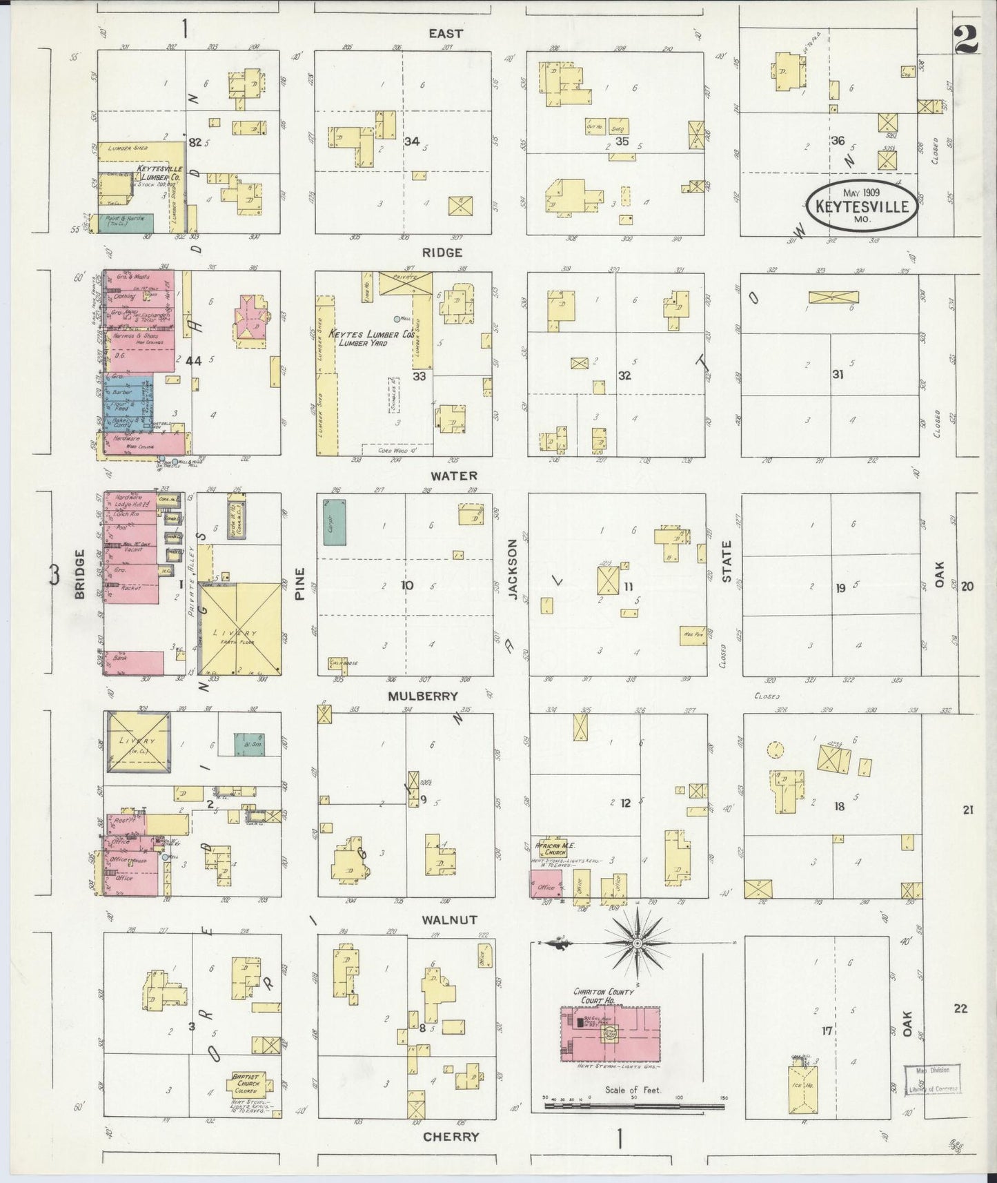 Sanborn Fire Insurance Map from Keytesville, Chariton County, Missouri (1909), Sheet #0002 - Historic Sanborn Fire Insurance Map Print, vintage old map wall art, antique decor, genealogy gift, Missouri Missouri map