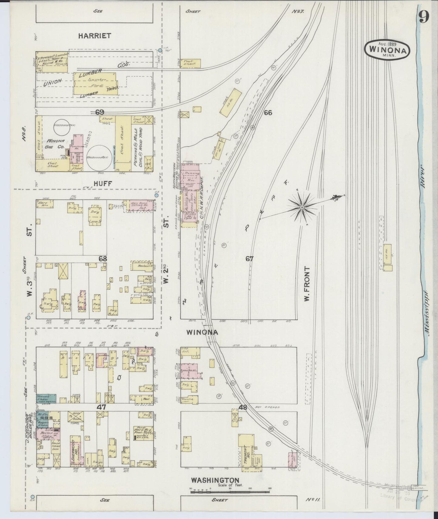 Sanborn Fire Insurance Map from Winona, Winona County, Minnesota (1889), Sheet #0009 - Historic Sanborn Fire Insurance Map Print, vintage old map wall art, antique decor, genealogy gift, Minnesota Minnesota map
