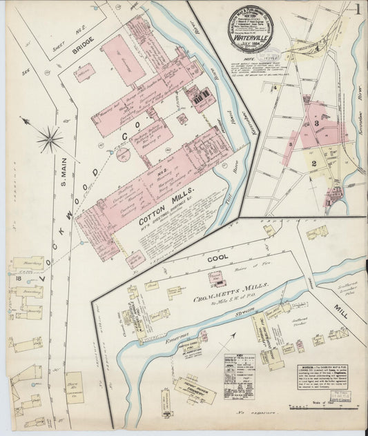 Sanborn Fire Insurance Map from Waterville, Kennebec County, Maine (1884), Sheet #0001 - Historic Sanborn Fire Insurance Map Print, vintage old map wall art, antique decor, genealogy gift, Maine Maine map