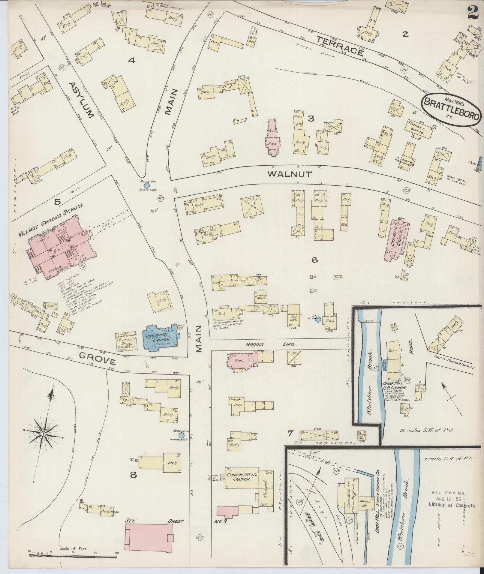 Sanborn Fire Insurance Map from Brattleboro, Windham County, Vermont (1885), Sheet #0002 - Complete Map Set gallery image, historic Sanborn map, vintage wall art, Vermont Vermont